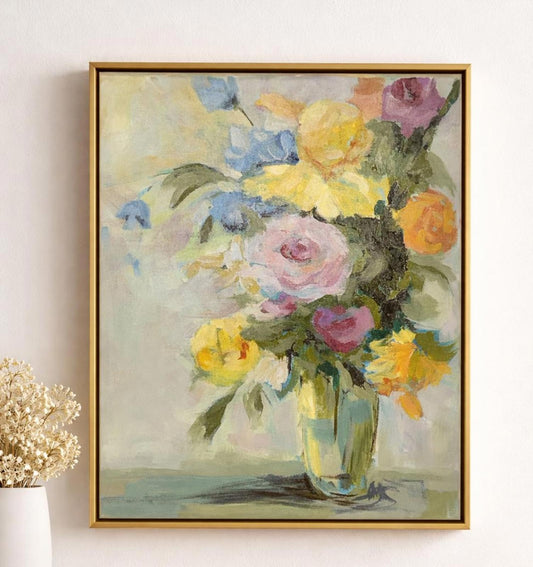 Original floral bouquet painting with roses and yellow flowers in a glass vase, acrylic on canvas, 16x20, framed in a gold floating frame by Mechelle Flowers.