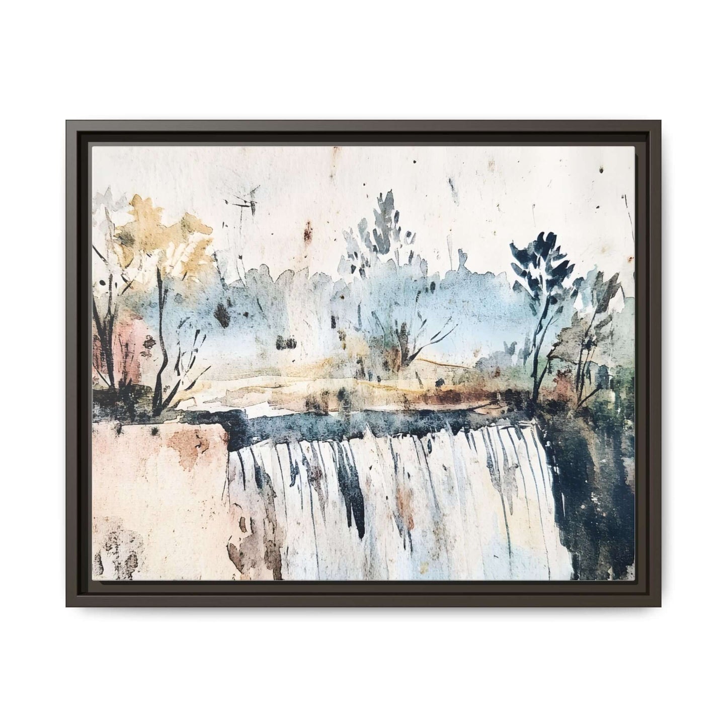 Framed watercolor wall art showcasing a serene landscape with trees and a waterfall, perfect for home decor, available in multiple sizes.