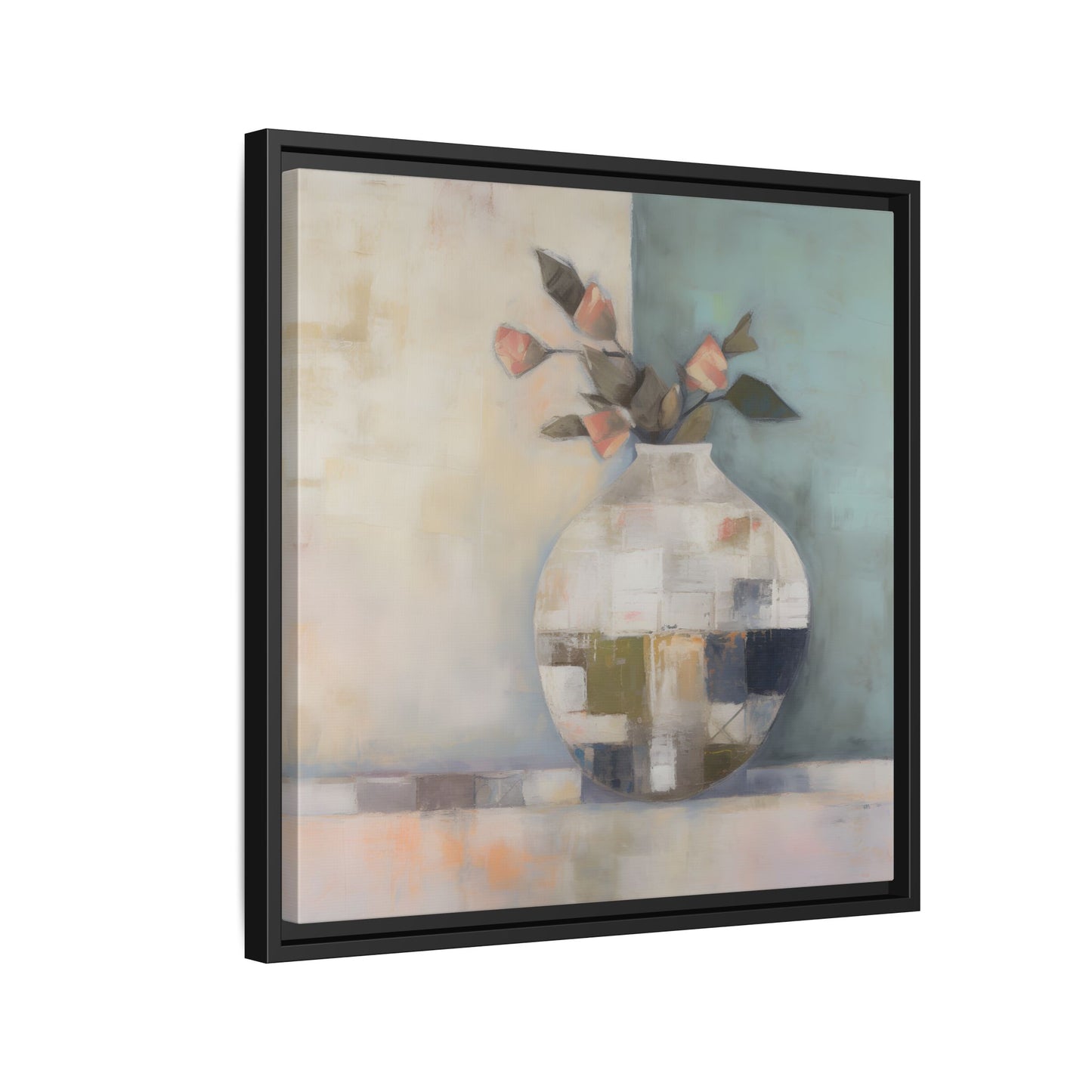 Geometric Floral Still Life Wall Art – Framed Abstract Canvas with Vase and Blush Pink Buds on display