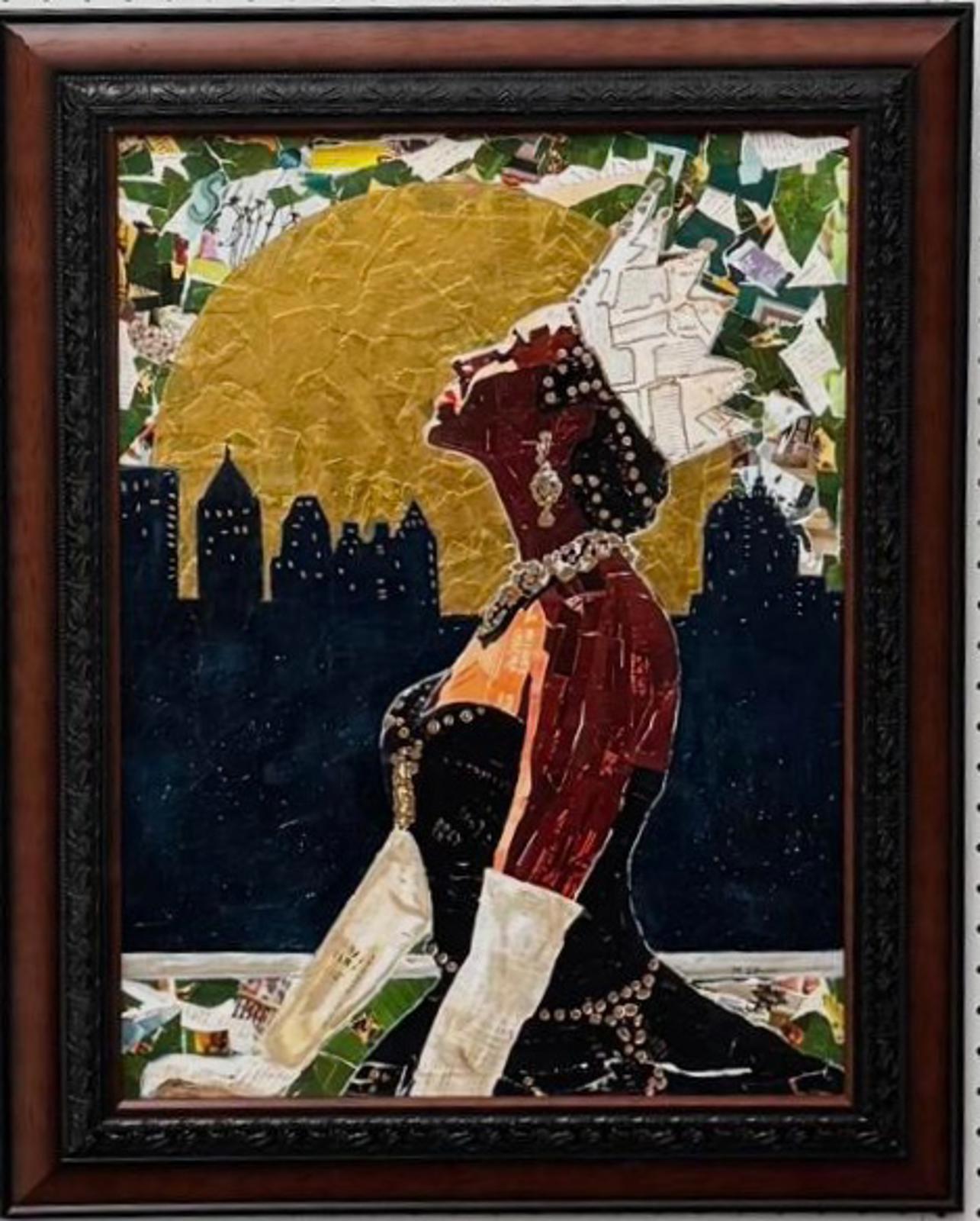 Original Painting by Mechelle Flowers "Golden Hour Empress" Size 12x16 On Canvas Board Framed In A wooden Frame, bold mixed-media art