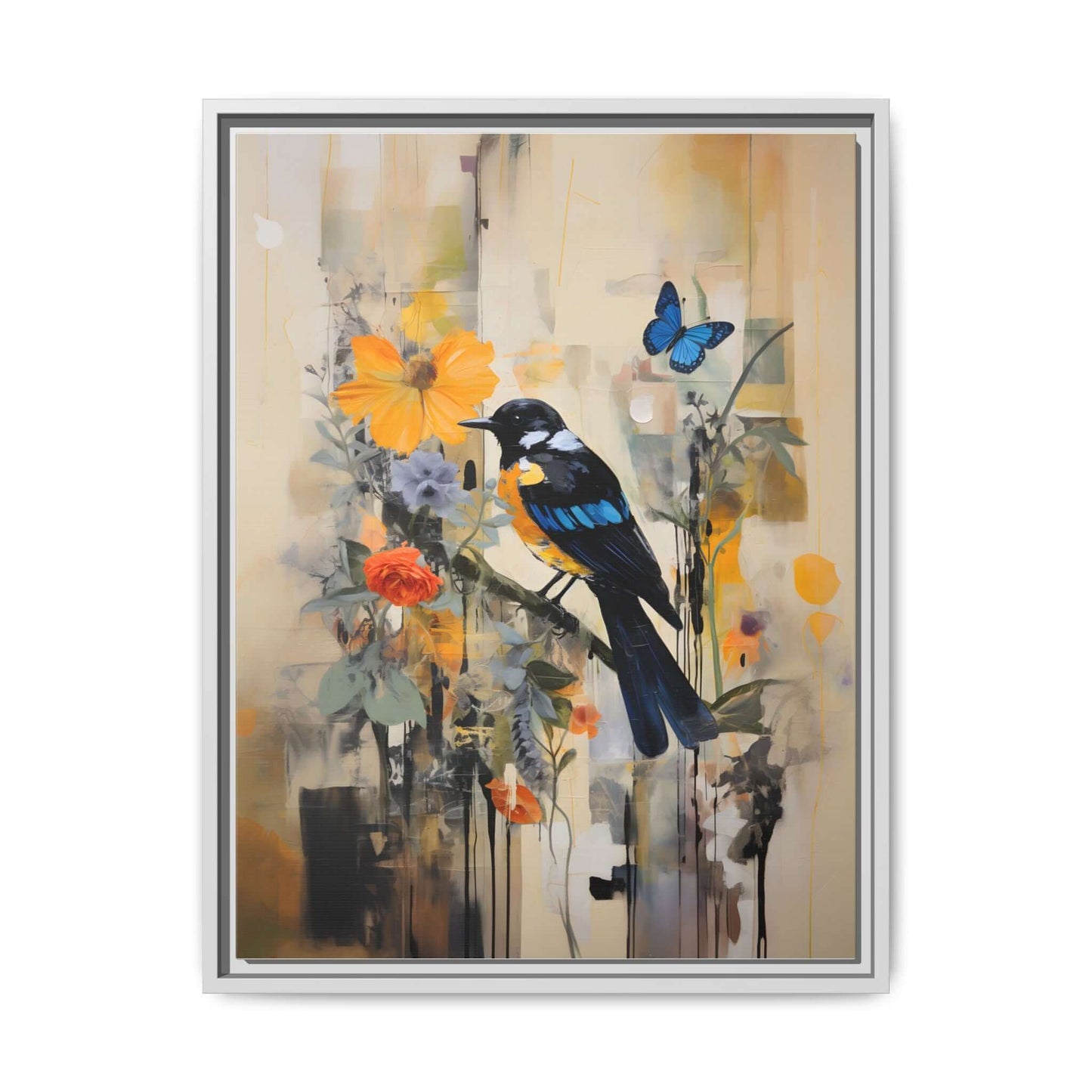Framed colorful bird and butterfly canvas art with vibrant flowers, perfect for home decor. Available in multiple sizes.