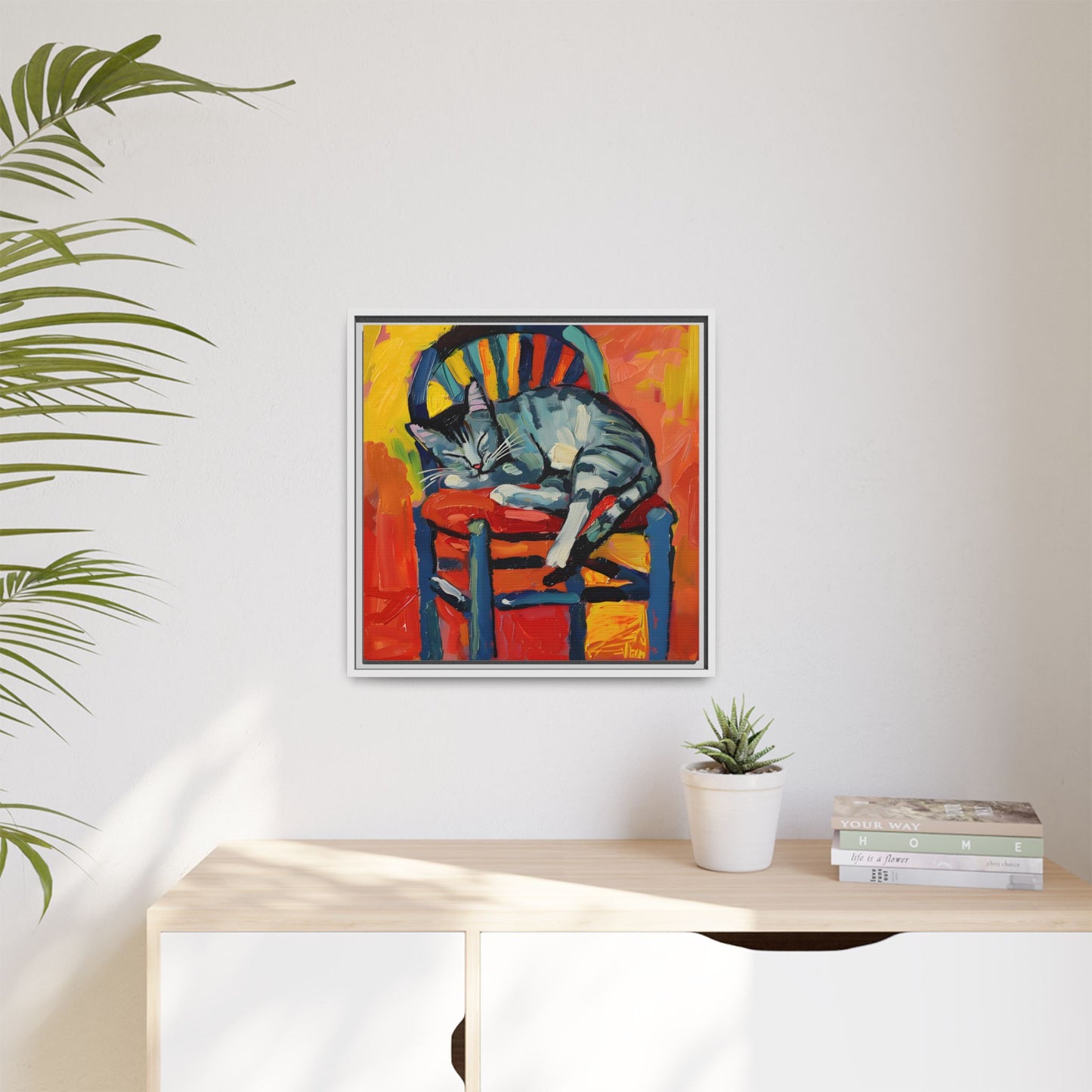 Colorful Cat Art Print - Framed Matte Canvas