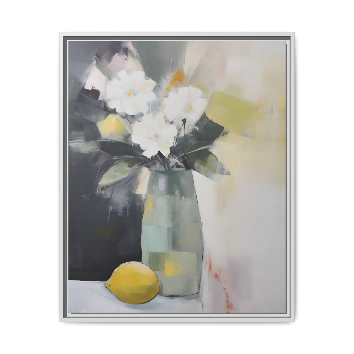Modern Floral Still Life Wall Art – Framed Canvas with White Flowers and Lemon in Soft Green Vase featuring artistic brushwork
