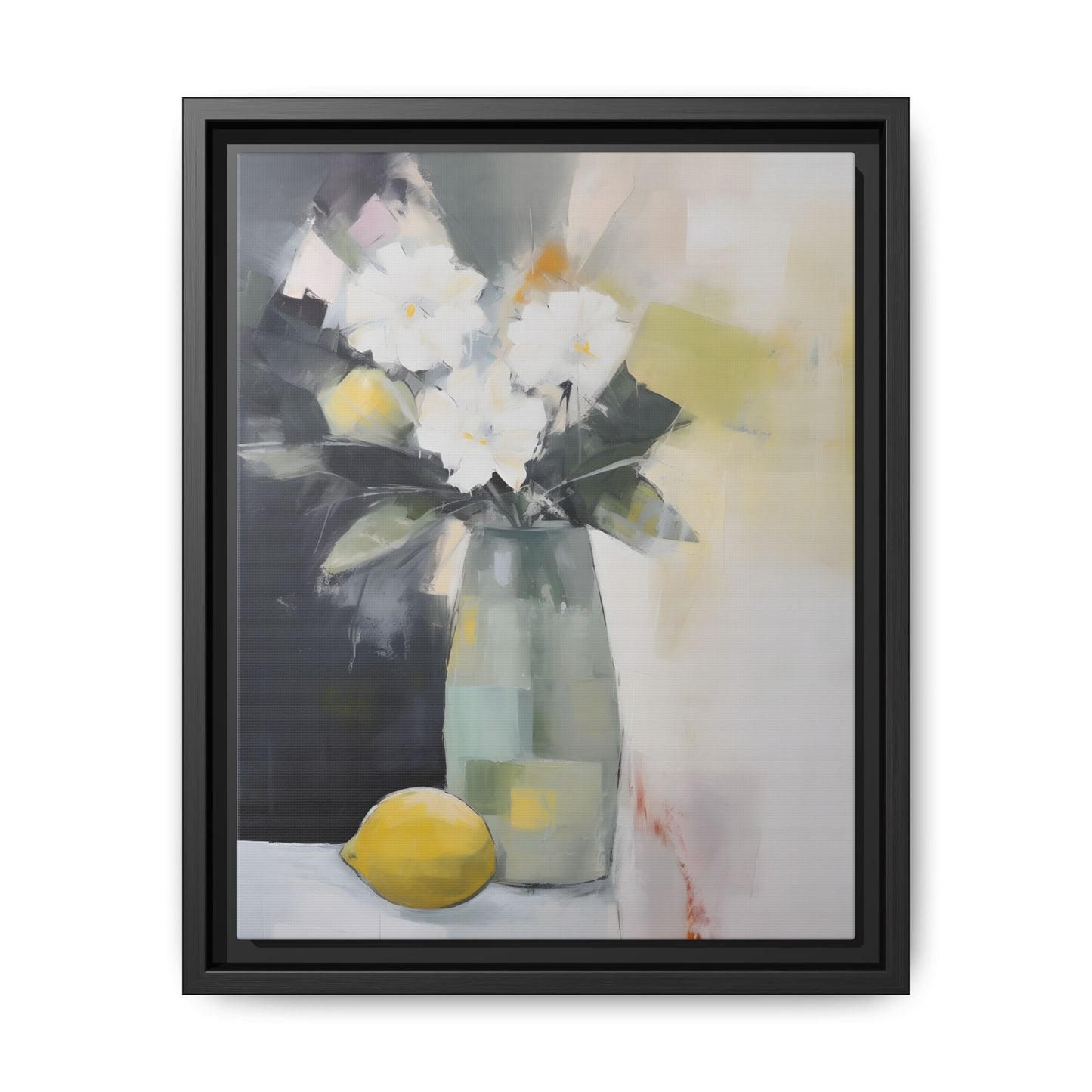 Modern Floral Still Life Wall Art – Framed Canvas with White Flowers and Lemon in Soft Green Vase