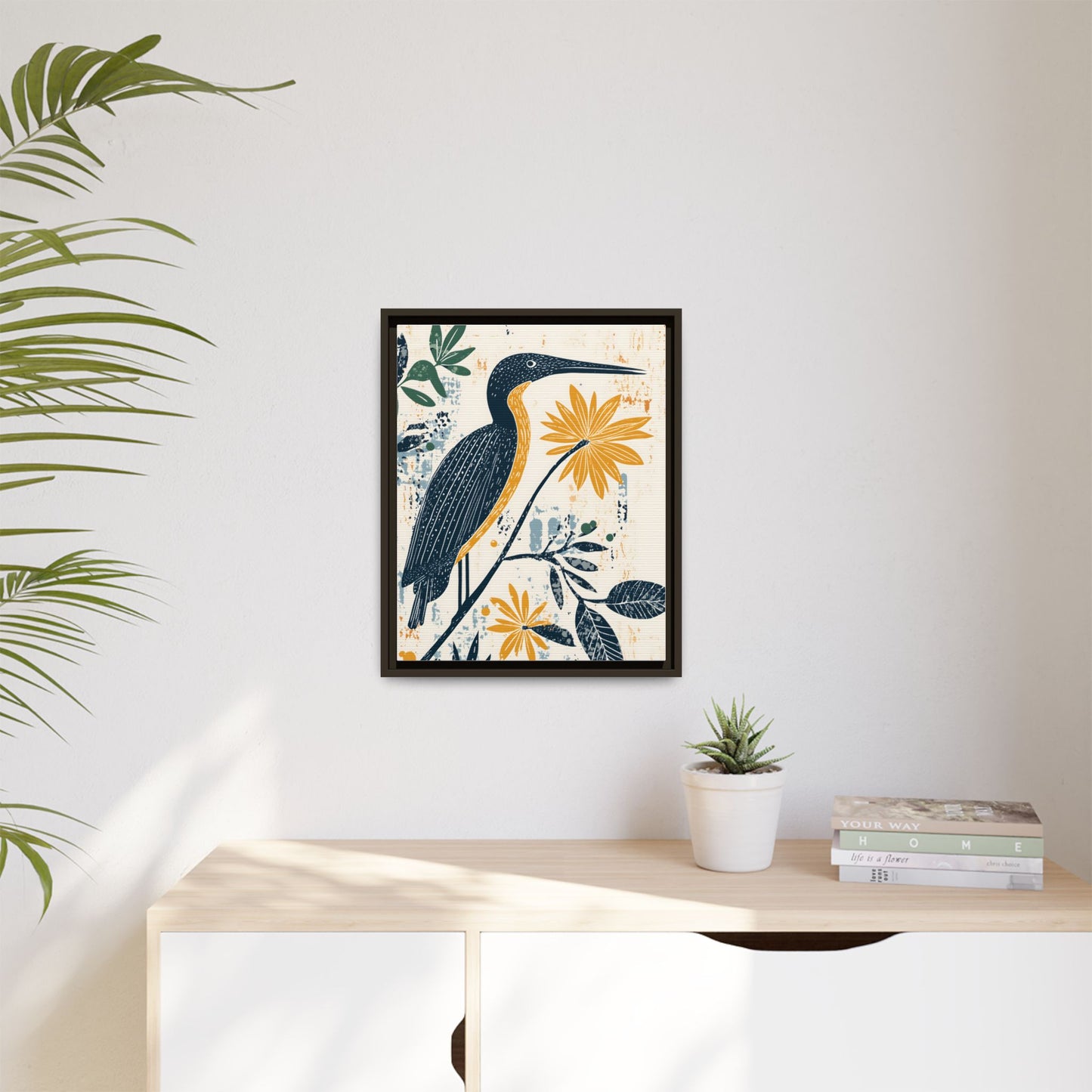 Colorful Bird and Flower Framed Matte Canvas Art