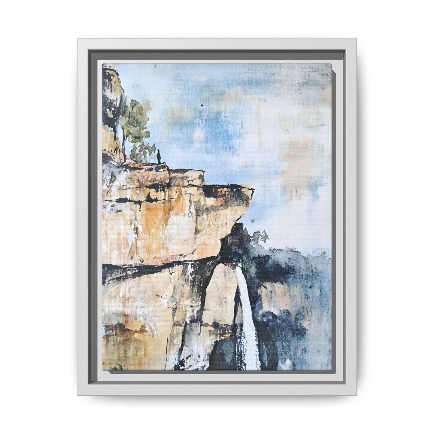 Framed canvas wall art of impressionistic scenic landscape with waterfall, ideal for creating serene retreats in any room.