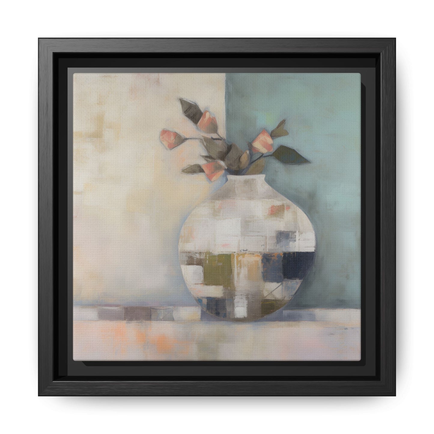 Geometric Floral Still Life Wall Art – Framed Abstract Canvas with Vase and Blush Pink Buds featuring soft aqua and coral tones.