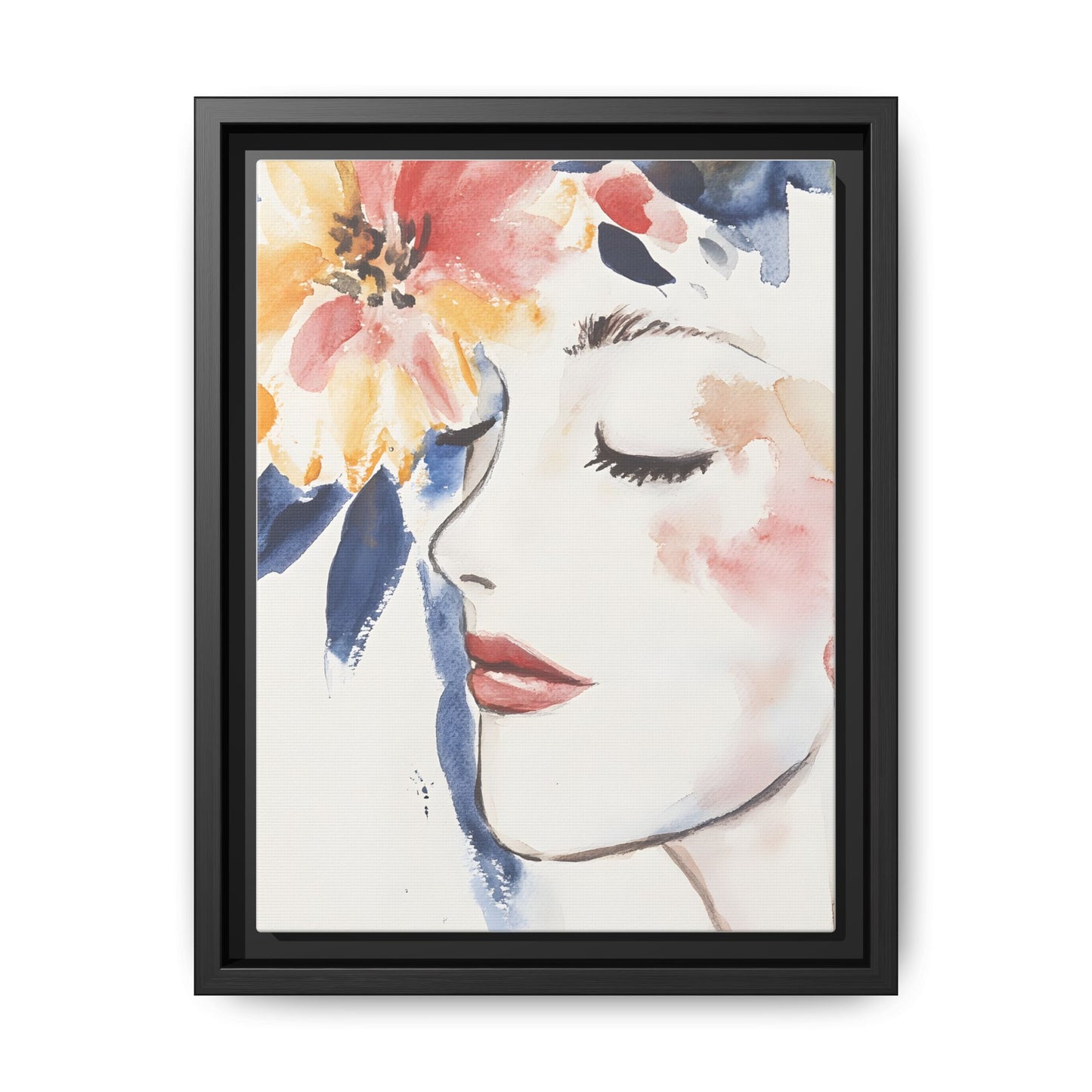 Multi-Color Framed Matte Canvas Art - Floral Face Portrait, vertical wall art, black frame, floral design, 9x12 to 24x30 sizes available