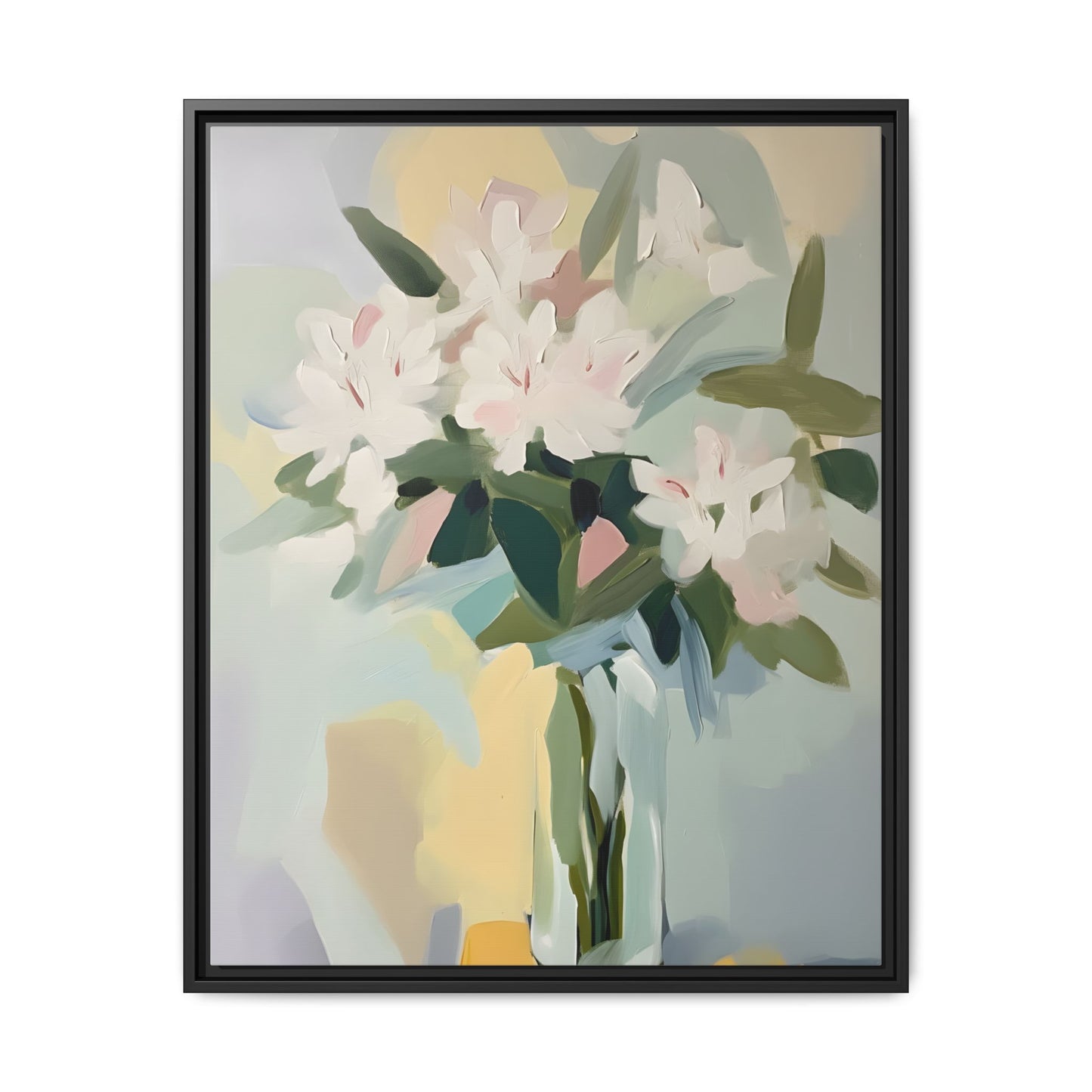 Soft Abstract Floral Wall Art – Framed Modern Canvas with White Flowers in Green Vase, featuring delicate blush accents and gentle hues.