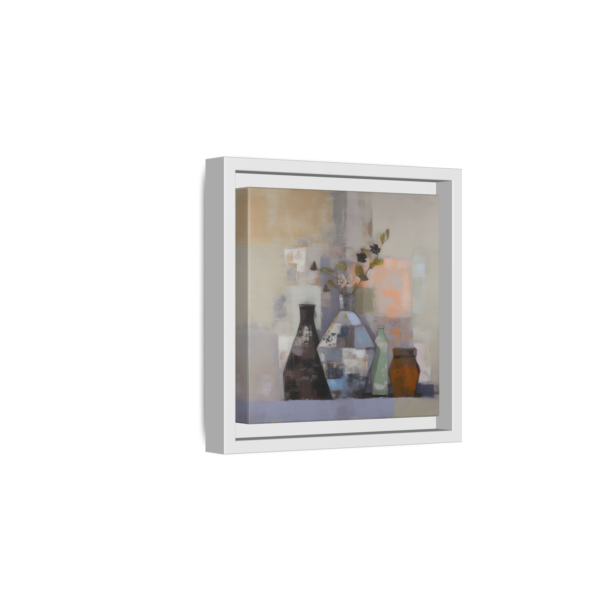 Earthy Bottle Still Life Wall Art – Framed Abstract Canvas with Geometric Vases in Neutral Tones, featuring floral sprigs.