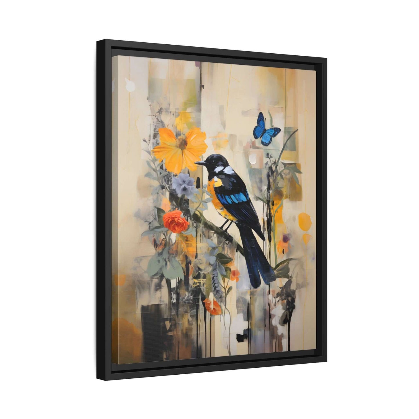 Framed vertical canvas art depicting vibrant bird and butterfly among colorful flowers, ideal for home decor.