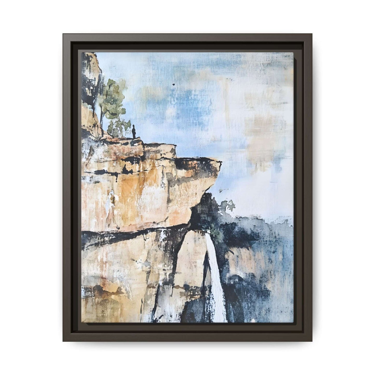 Framed impressionistic landscape waterfall canvas wall art for serene home decor.