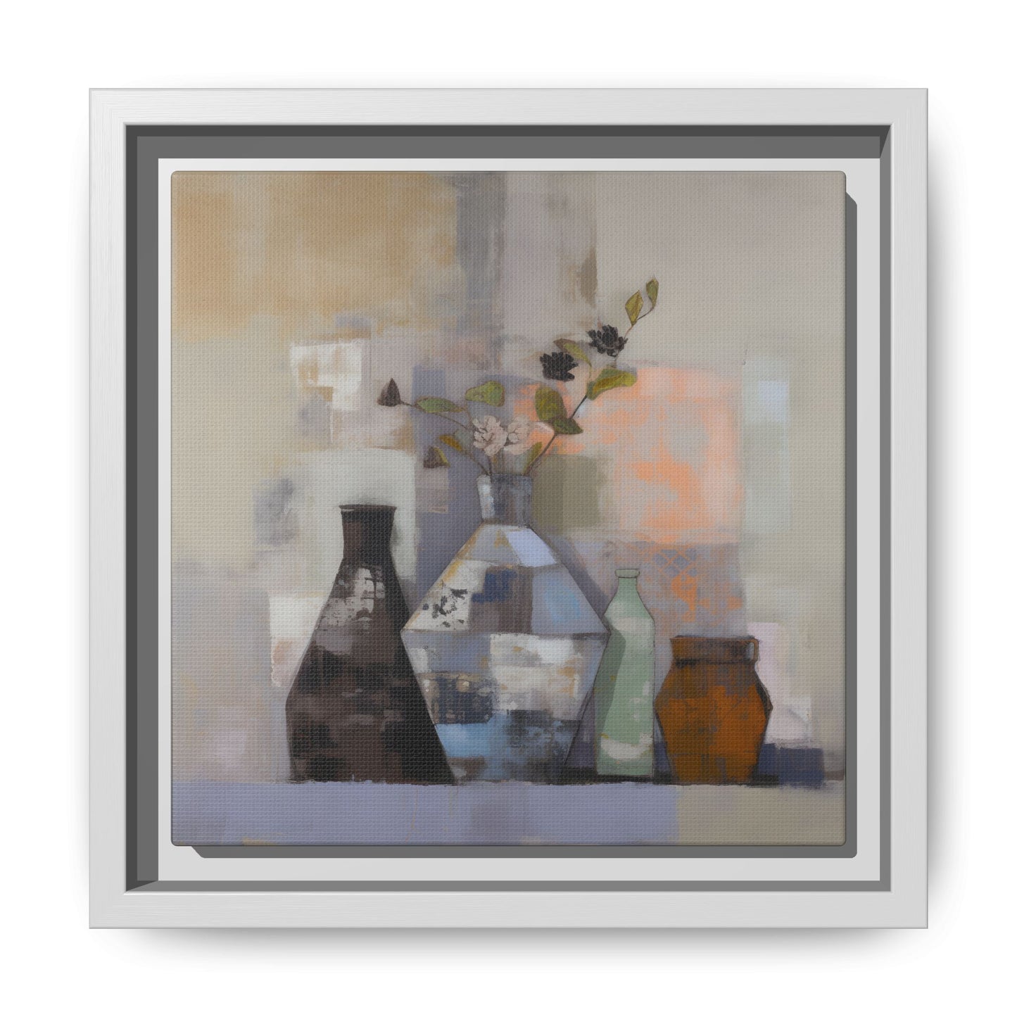 Earthy Bottle Still Life Wall Art – Framed Abstract Canvas with Geometric Vases in Neutral Tones, featuring vases and floral design.