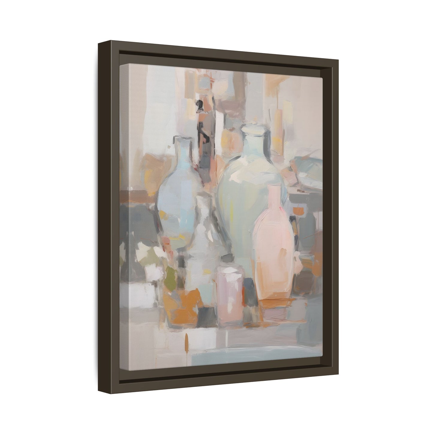 Modern Abstract Still Life Wall Art – Colorful Framed Canvas with Blue, Pink & Terracotta Bottles featuring vibrant bottles.
