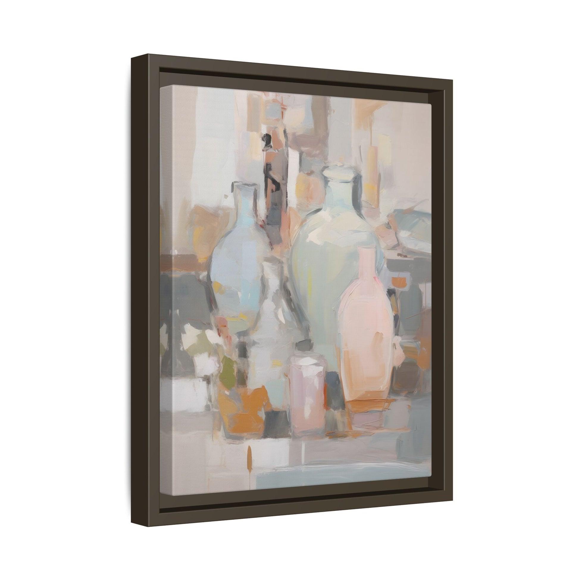 Modern Abstract Still Life Wall Art – Colorful Framed Canvas with Blue, Pink & Terracotta Bottles featuring vibrant bottles.