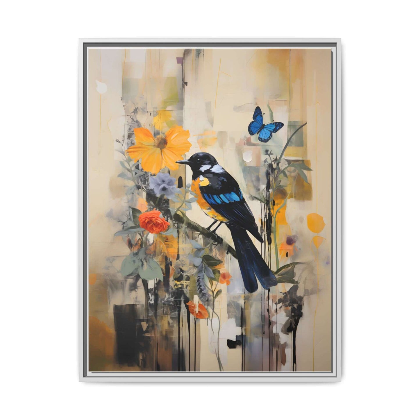 Framed canvas art featuring a colorful bird and butterfly on a floral background, vibrant decor for home, available in multiple sizes.