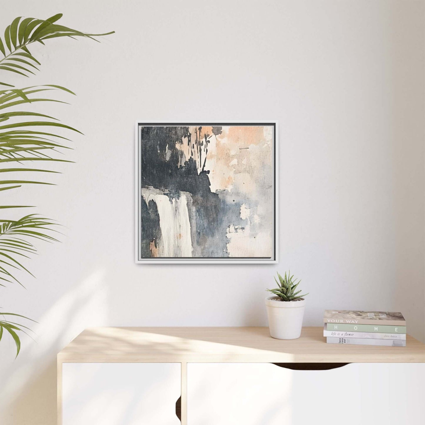 Framed waterfall art print in rustic style on matte canvas, displayed on living room wall, enhancing home decor with natural elegance.