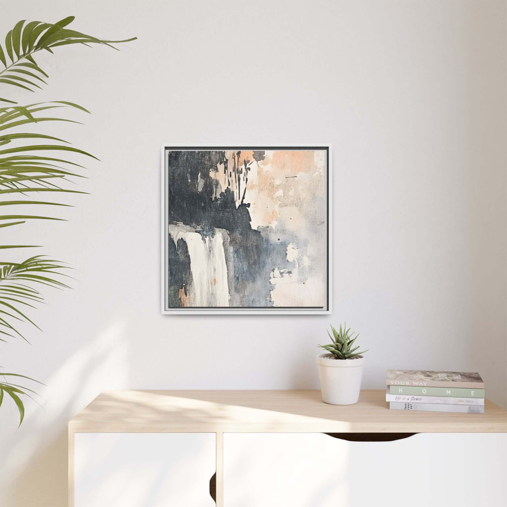 Framed waterfall art print in rustic style on matte canvas, displayed on living room wall, enhancing home decor with natural elegance.