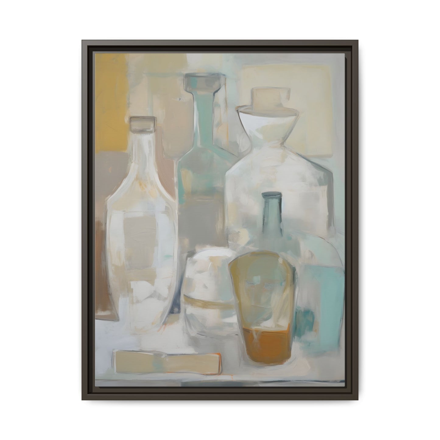 Modern Still Life Wall Art – Neutral Bottles Framed Canvas in Beige, Aqua & Amber depicting translucent bottles for elegant home decor.