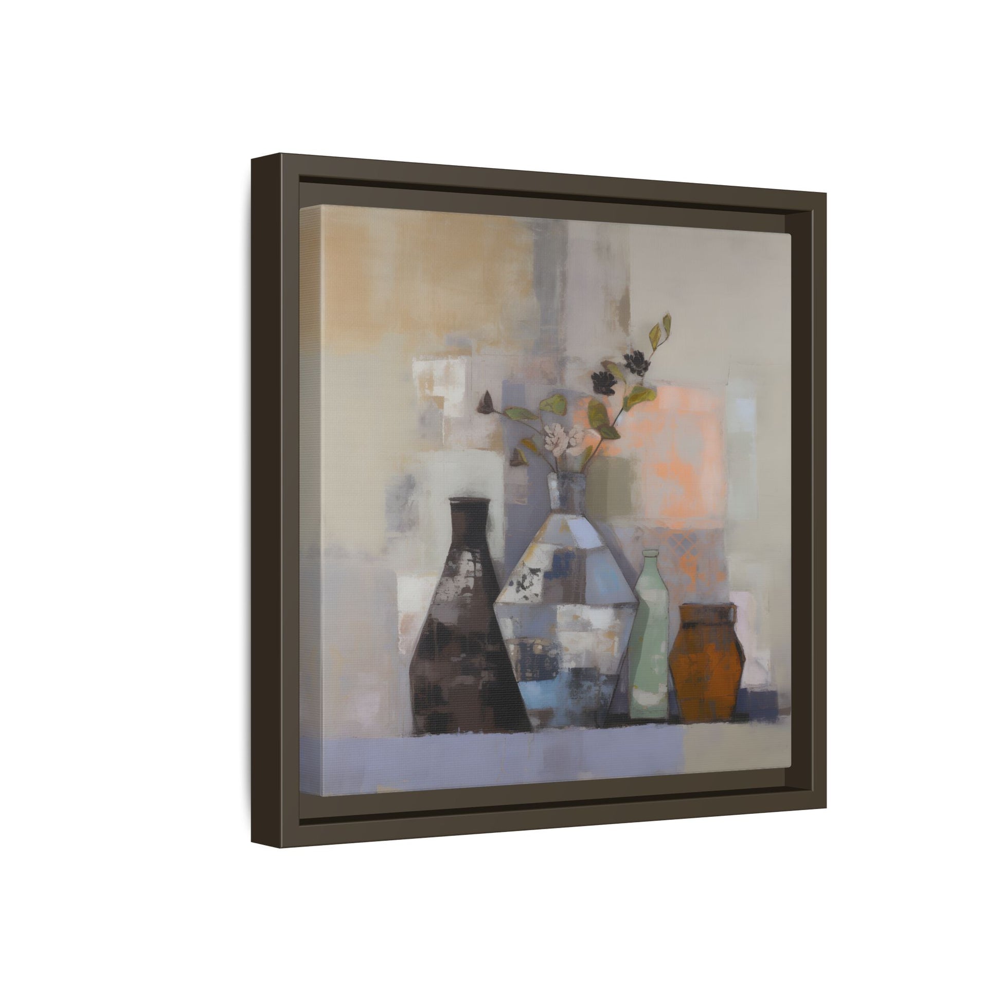 Earthy Bottle Still Life Wall Art – Framed Abstract Canvas with Geometric Vases in Neutral Tones featuring modern vases and floral sprigs.