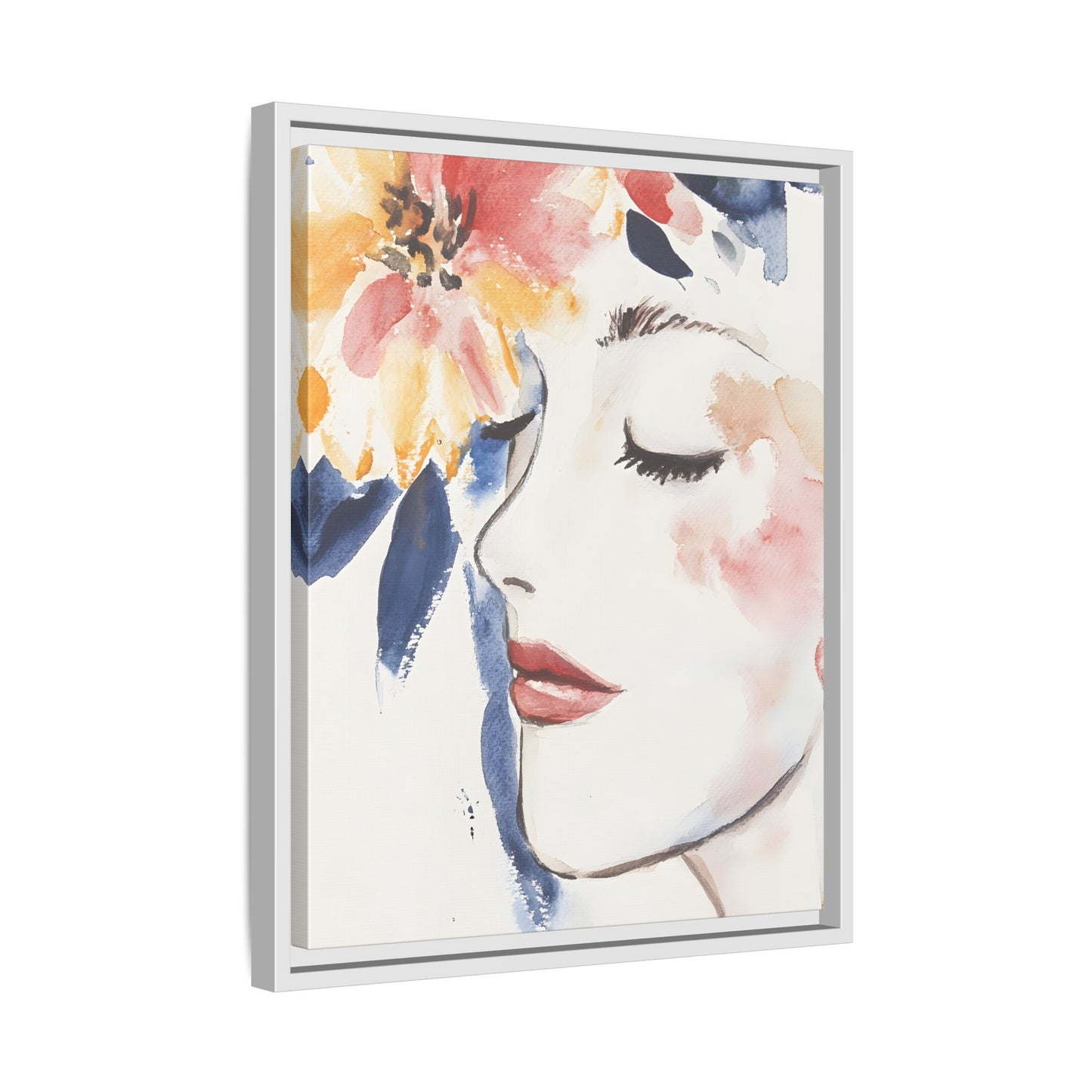 Multi-Color Framed Matte Canvas Art - Floral Face Portrait featuring a serene woman's face with vibrant flowers, perfect for vertical display.
