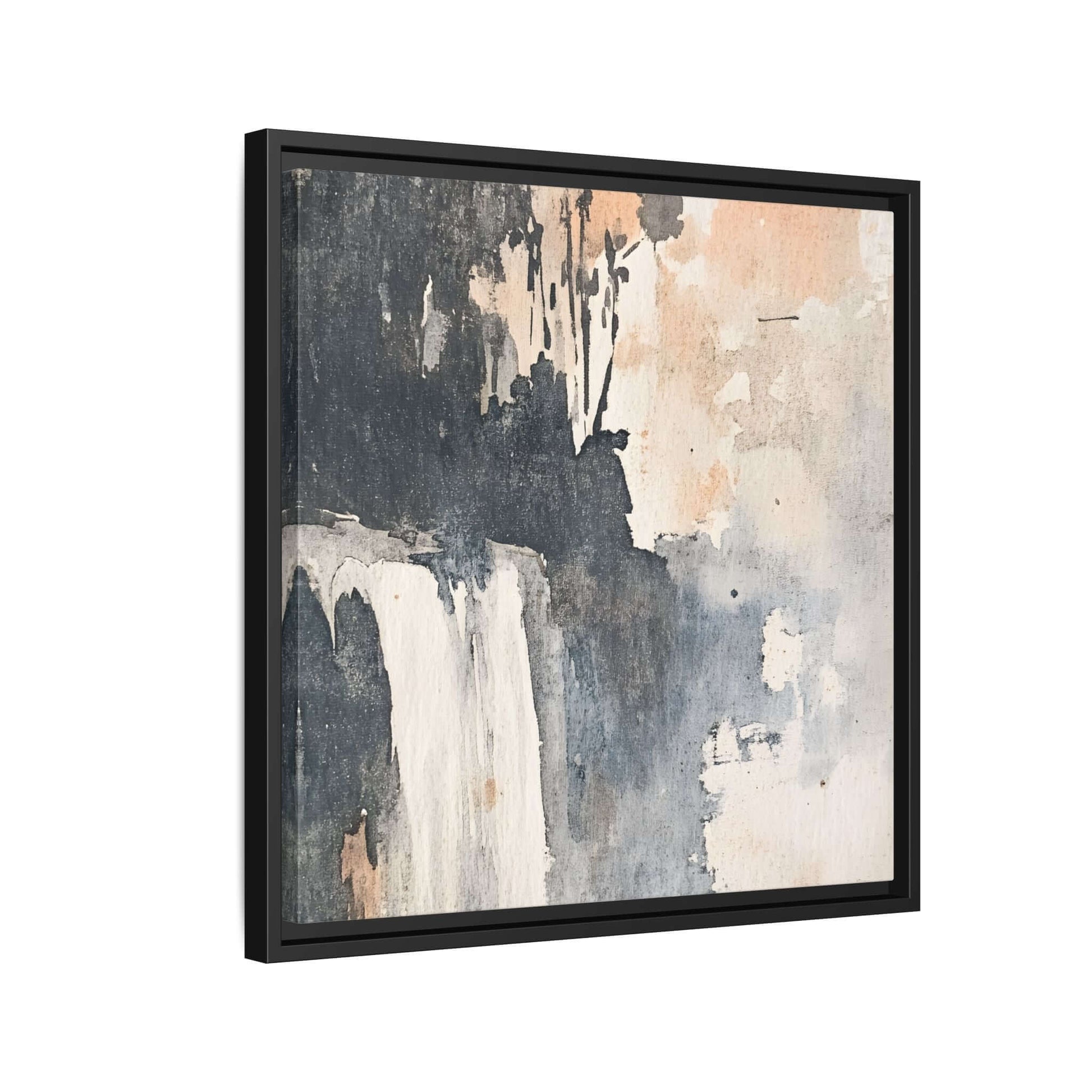 Framed waterfall art print on matte canvas, abstract home decor piece, square format.