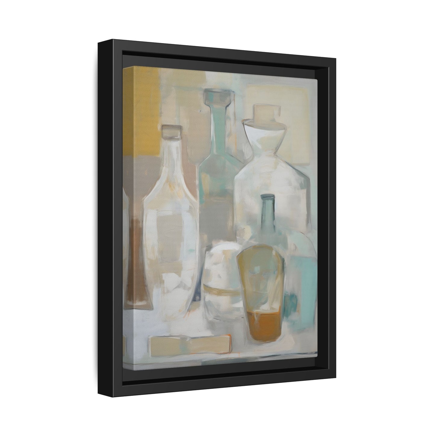 Modern Still Life Wall Art – Neutral Bottles Framed Canvas in Beige, Aqua & Amber