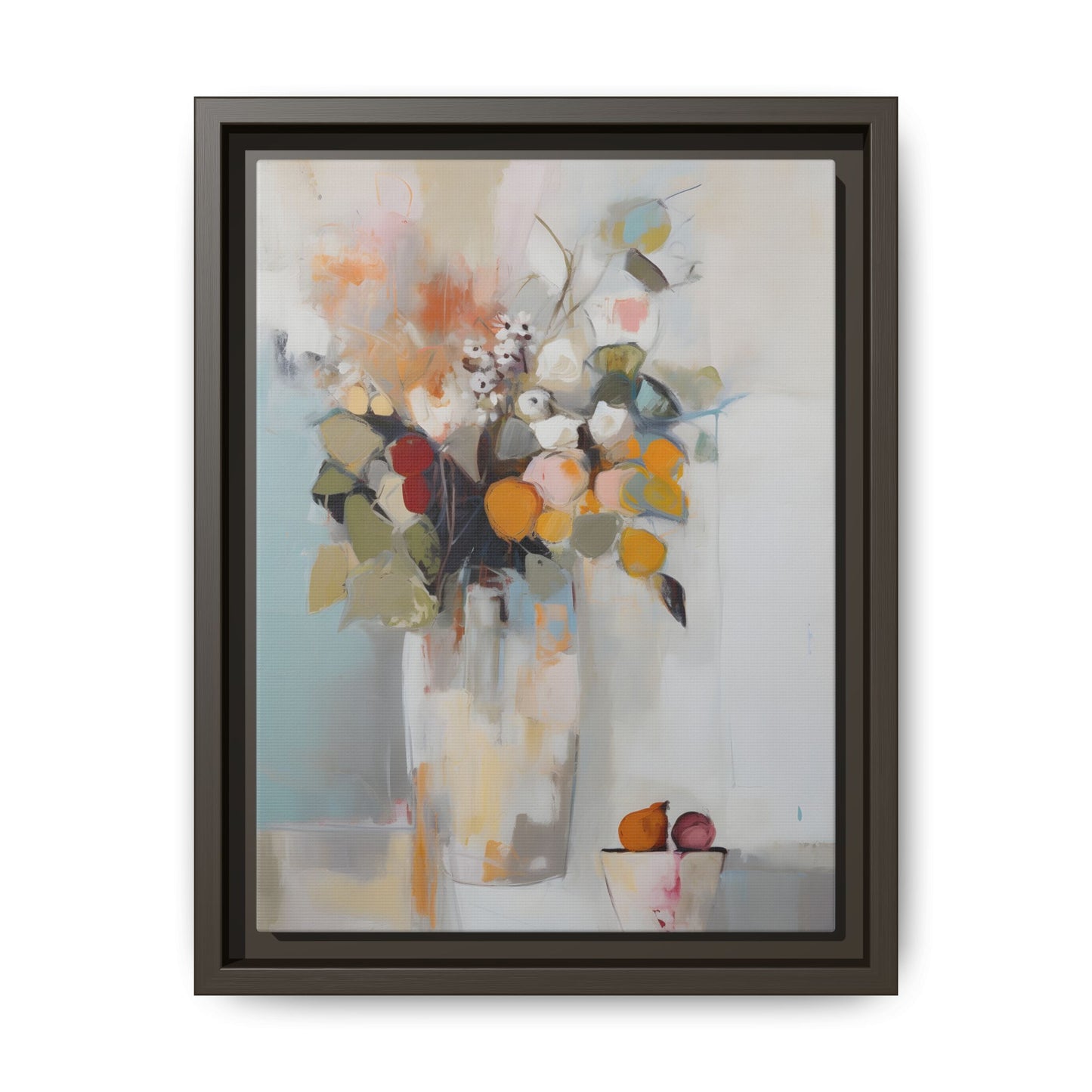 Colorful Floral Still Life Wall Art – Framed Abstract Canvas with Bright Blooms and Fruit Bowl, vibrant home decor piece.