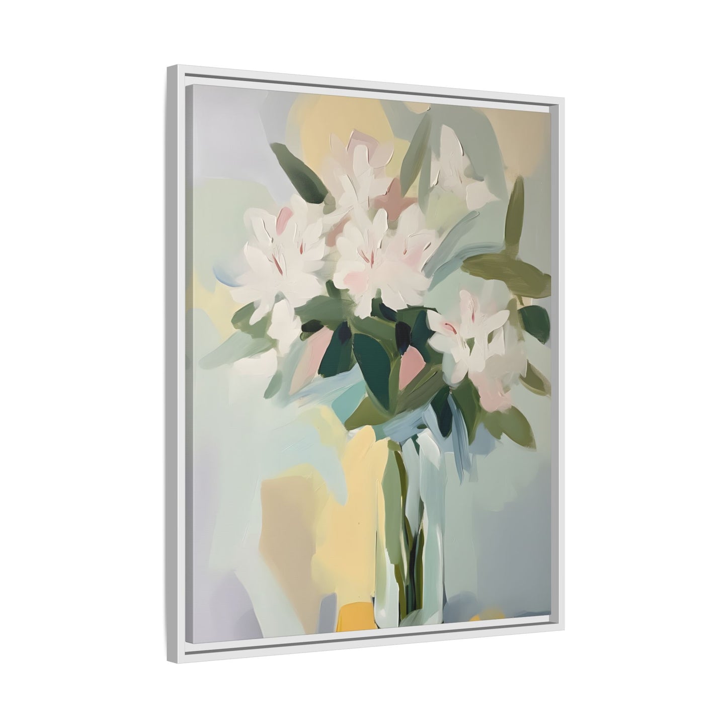 Soft Abstract Floral Wall Art – Framed Modern Canvas with White Flowers in Green Vase featuring pastel background hues