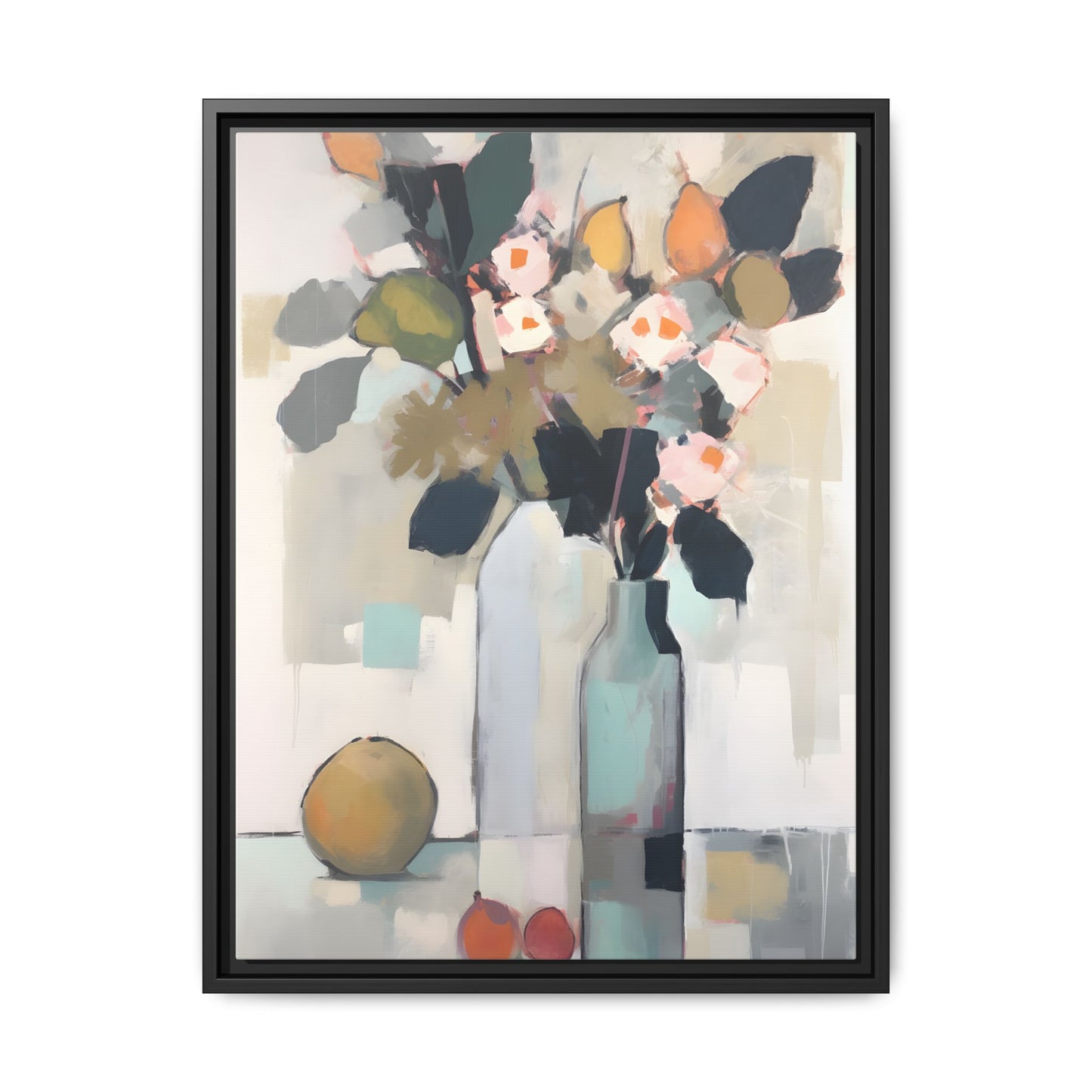 Modern Floral Still Life Wall Art – Framed Canvas with Bold Leaves and Citrus in Vase, featuring painterly textures and vibrant colors.