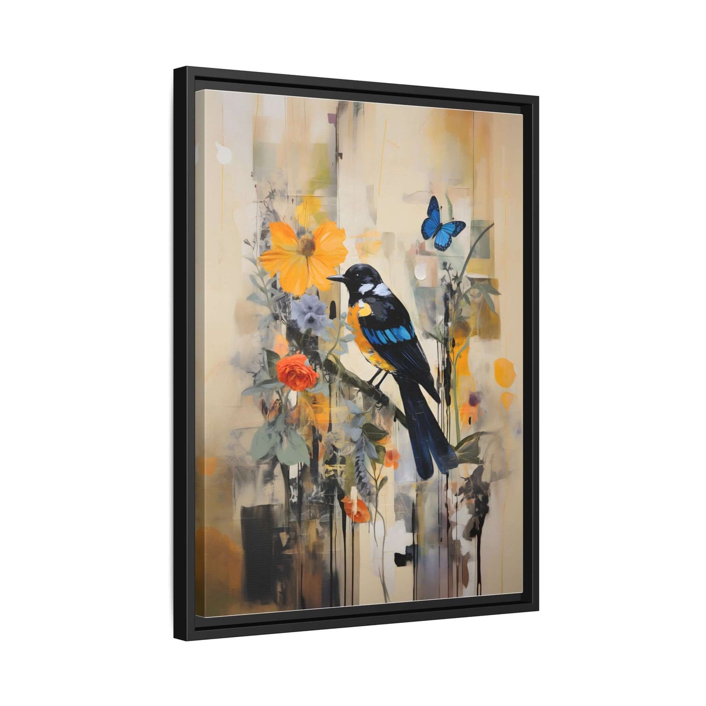 Framed colorful bird and butterfly canvas art, vibrant home decor, 8x10 inch, nature-inspired wall art with floral background.