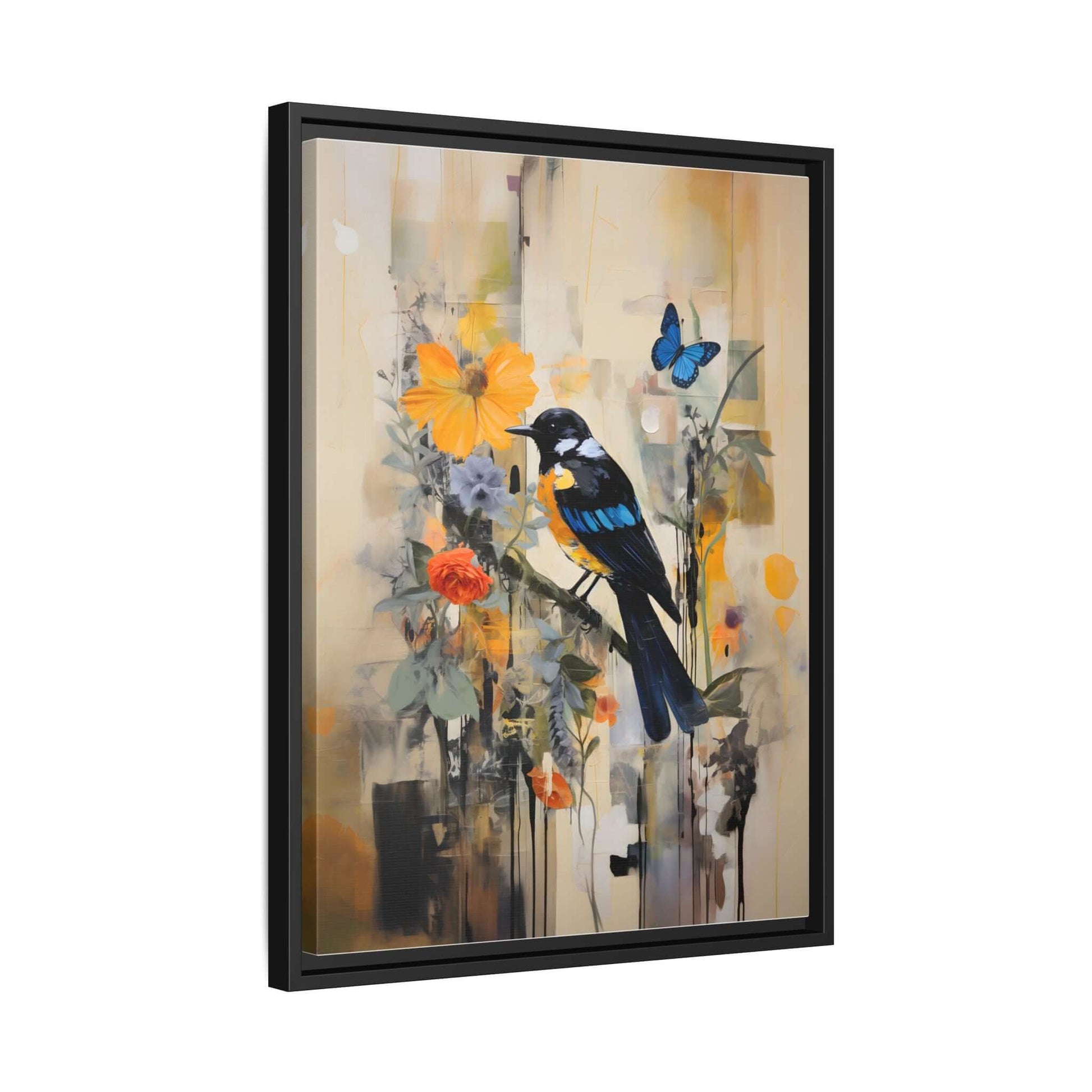Framed colorful bird and butterfly canvas art, vibrant home decor, 8x10 inch, nature-inspired wall art with floral background.