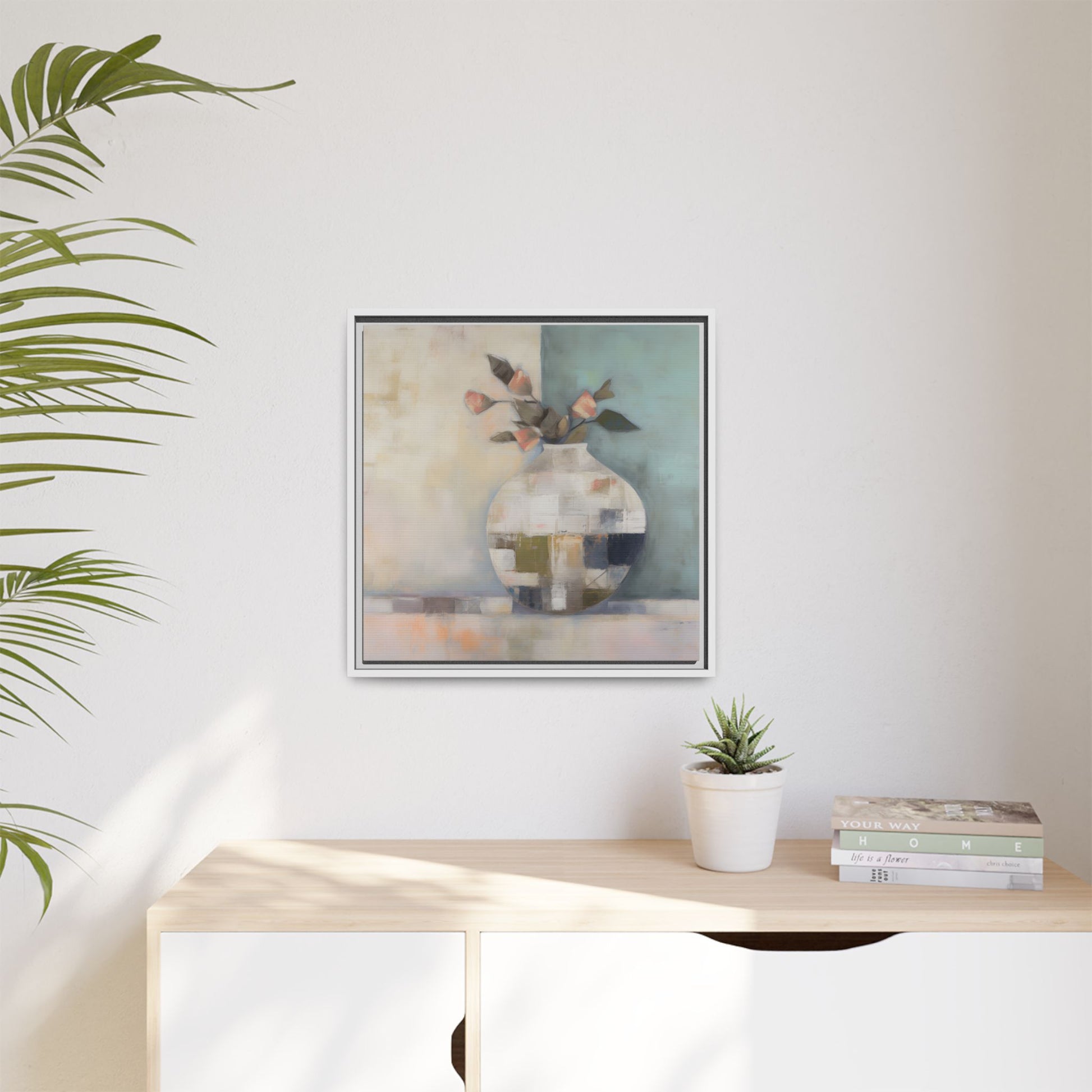 Geometric Floral Still Life Wall Art – Framed Abstract Canvas with Vase and Blush Pink Buds in a modern interior setting.