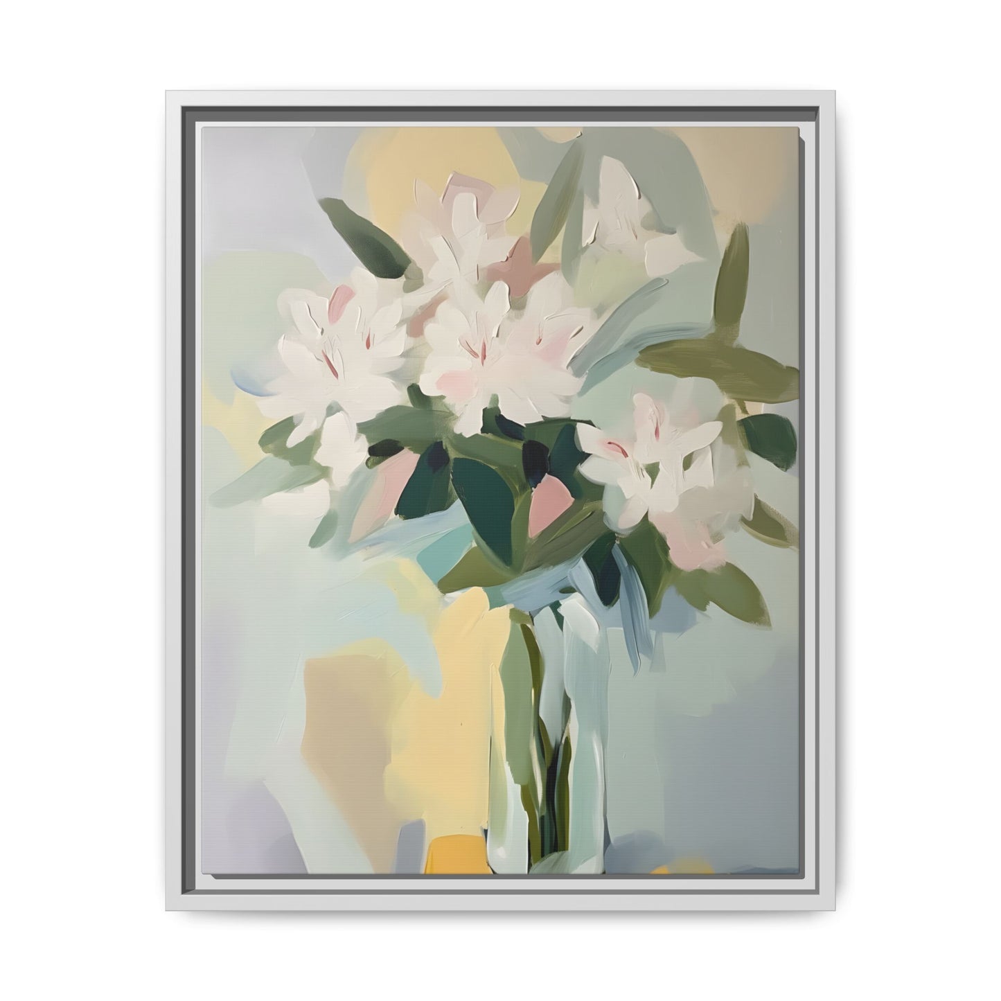 Soft Abstract Floral Wall Art – Framed Modern Canvas with White Flowers in Green Vase, featuring gentle background hues.
