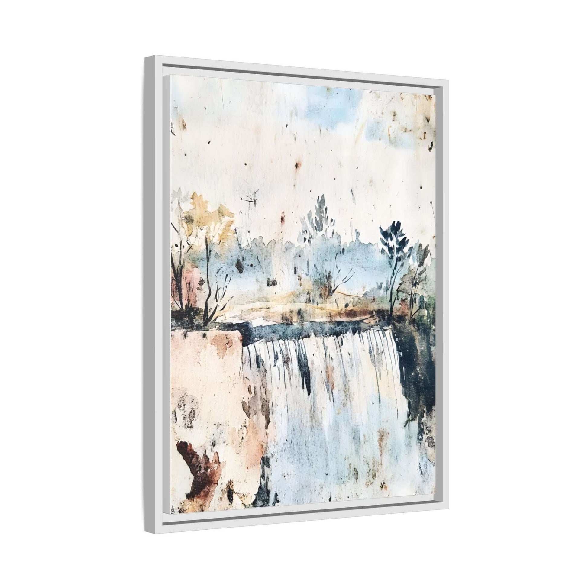Framed watercolor wall art featuring a serene landscape decor with a waterfall and trees, perfect for home or office interior design.