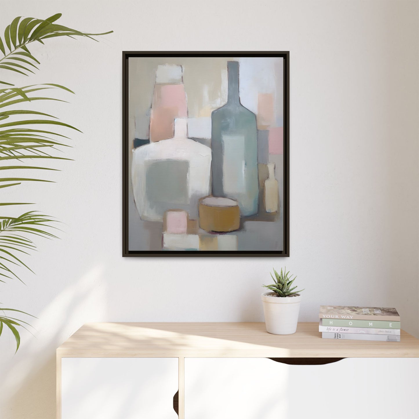 Modern Abstract Bottle Still Life Wall Art – Framed Canvas in Soft Pink, Blue, and Beige