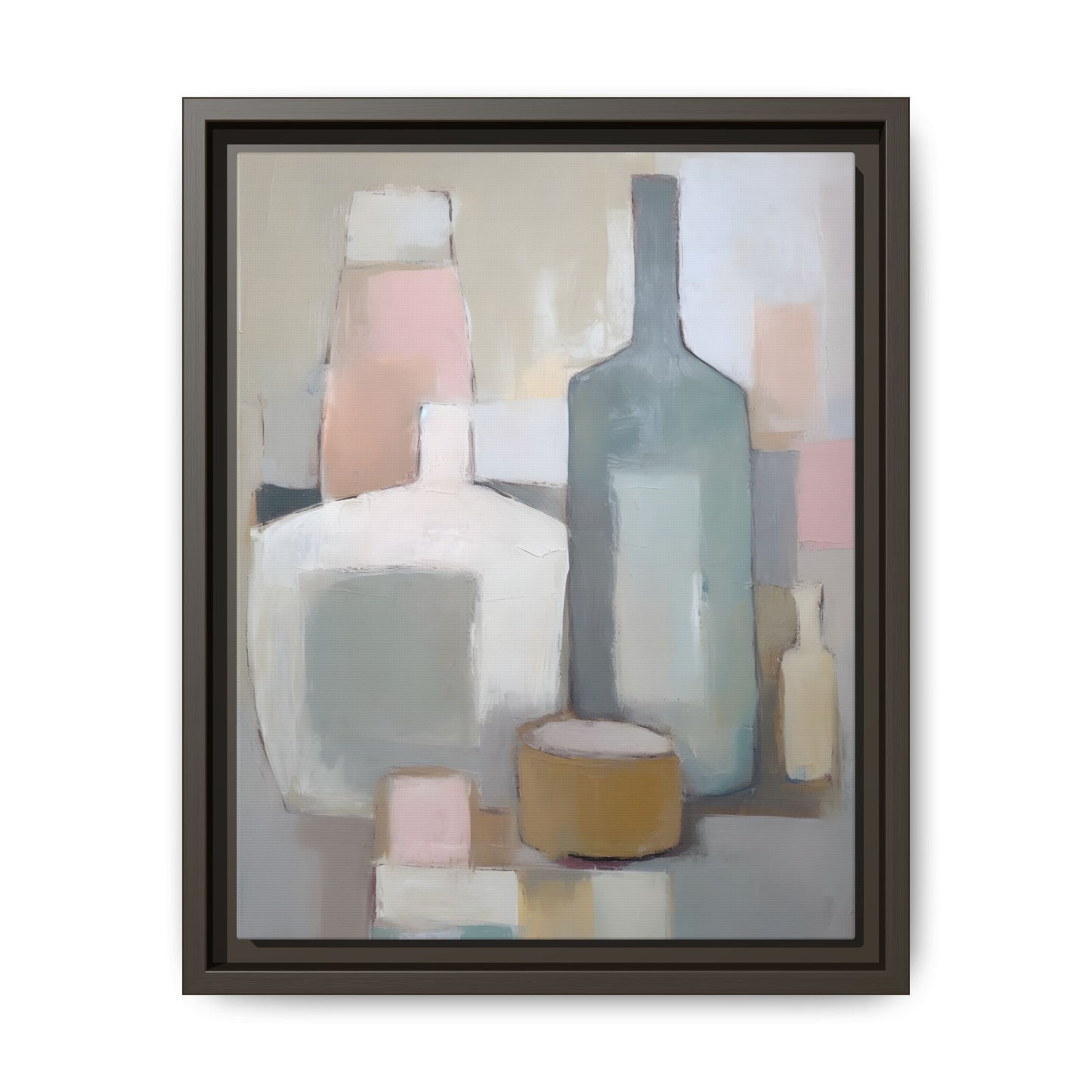 Modern Abstract Bottle Still Life Wall Art – Framed Canvas in Soft Pink, Blue, and Beige, serene minimalist composition for decor.