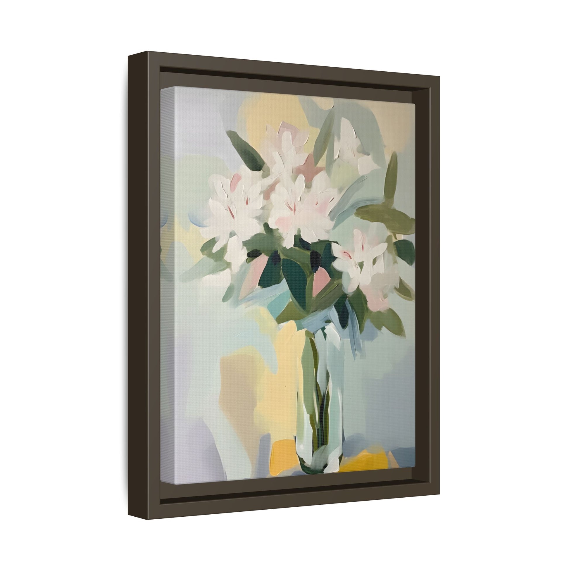Soft Abstract Floral Wall Art – Framed Modern Canvas with White Flowers in Green Vase, ideal for modern and transitional spaces.