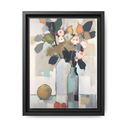 Modern Floral Still Life Wall Art – Framed Canvas with Bold Leaves and Citrus in Vase, featuring abstract vases and artistic textures.