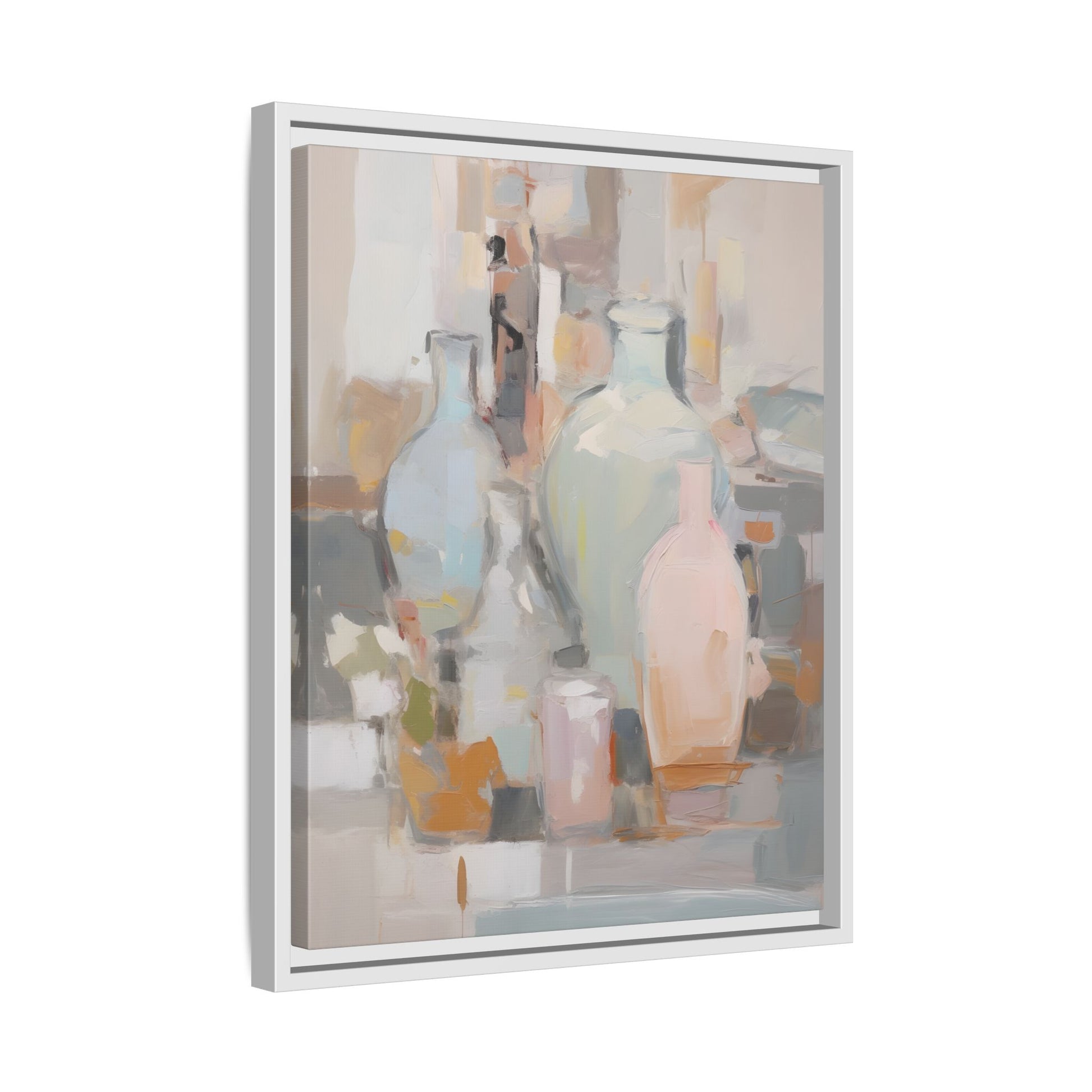 Modern Abstract Still Life Wall Art – Colorful Framed Canvas with Blue, Pink & Terracotta Bottles, contemporary kitchen decor