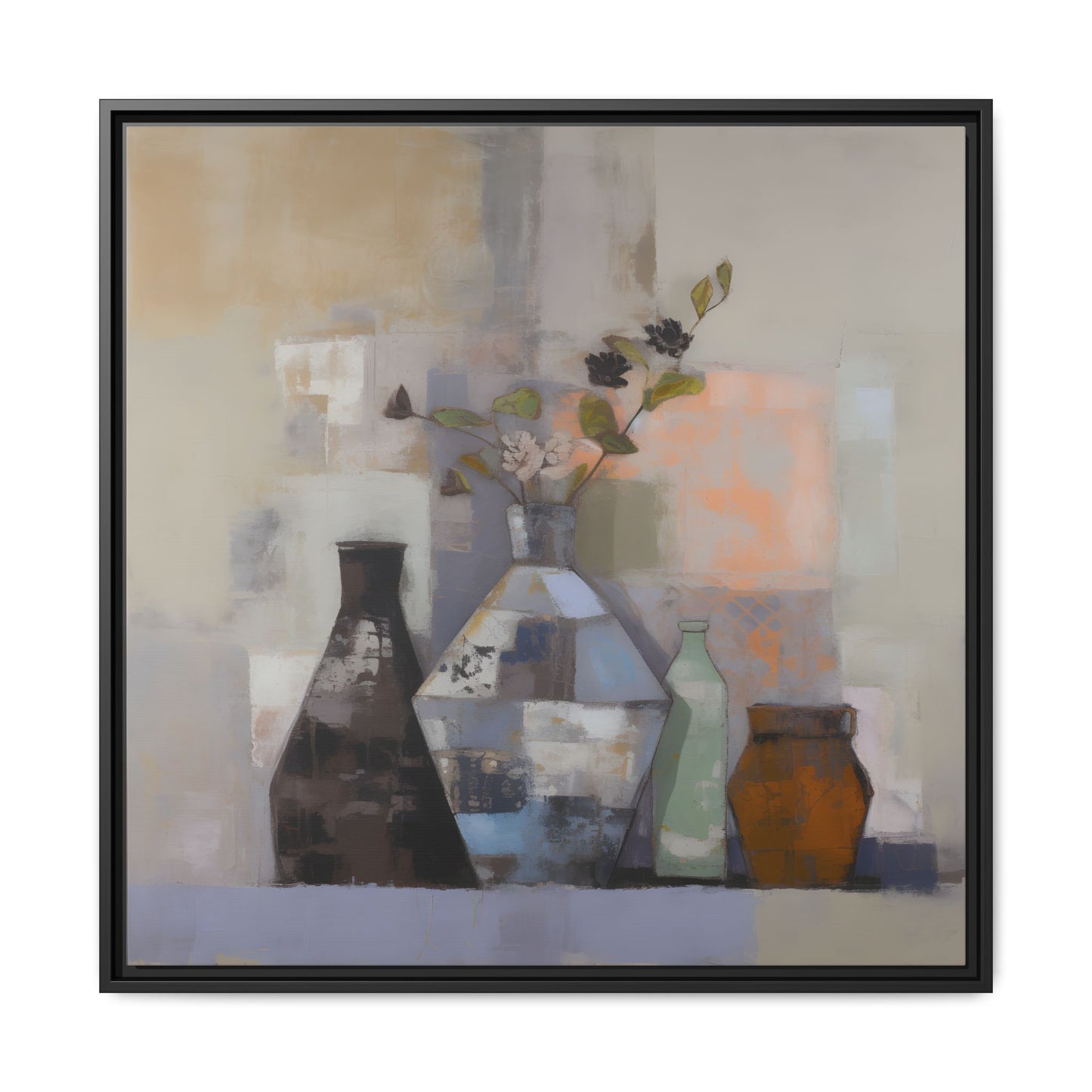 Earthy Bottle Still Life Wall Art – Framed Abstract Canvas with Geometric Vases in Neutral Tones; modern rustic home decor