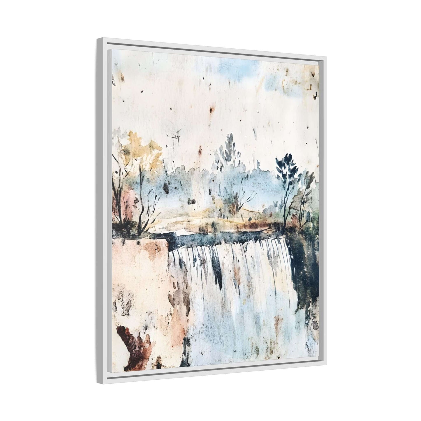 Framed watercolor wall art featuring a serene waterfall landscape, perfect for home decor in various sizes and orientations.