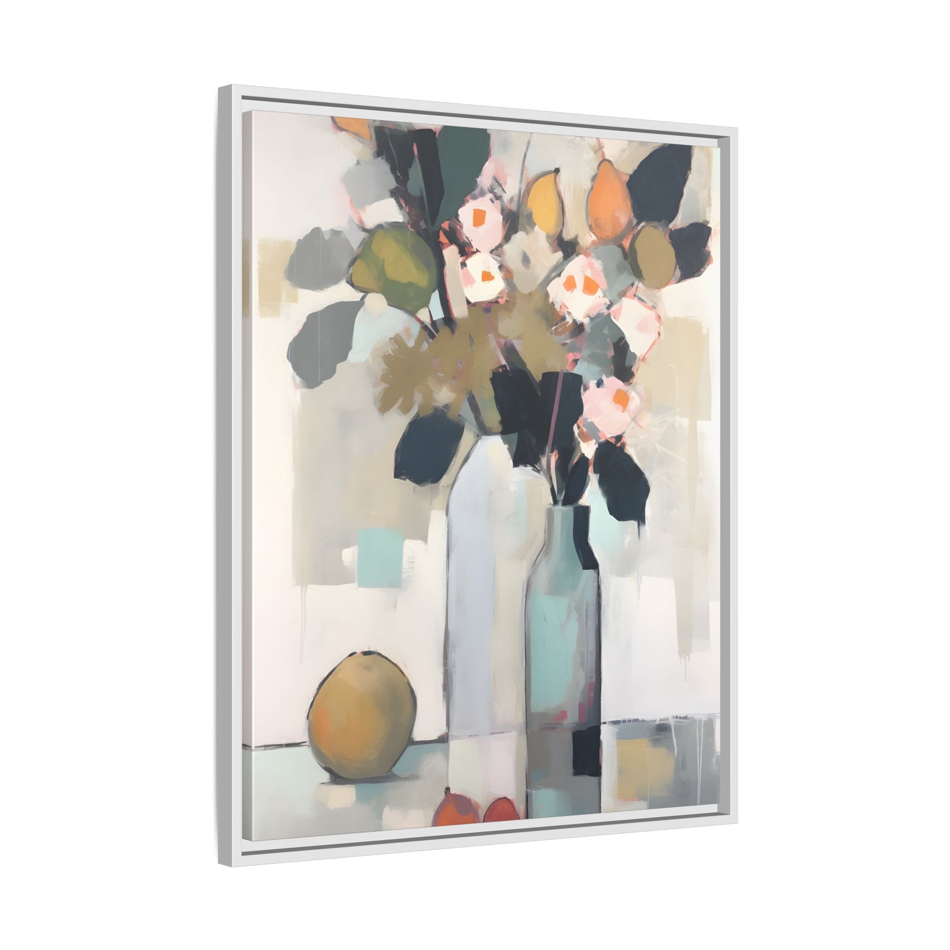 Modern Floral Still Life Wall Art – Framed Canvas with Bold Leaves and Citrus in Vase, featuring a vibrant abstract design