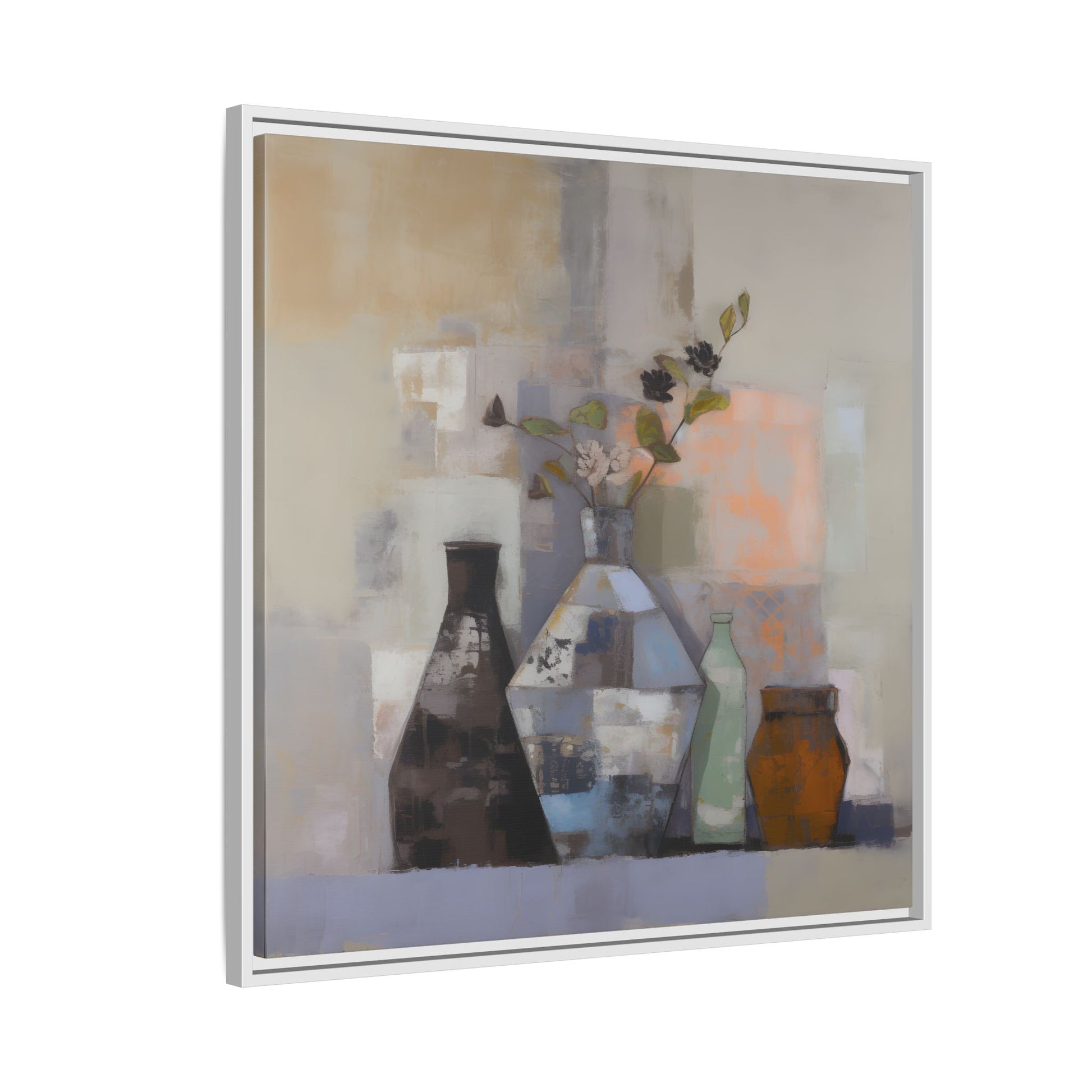 Earthy Bottle Still Life Wall Art – Framed Abstract Canvas with Geometric Vases in Neutral Tones