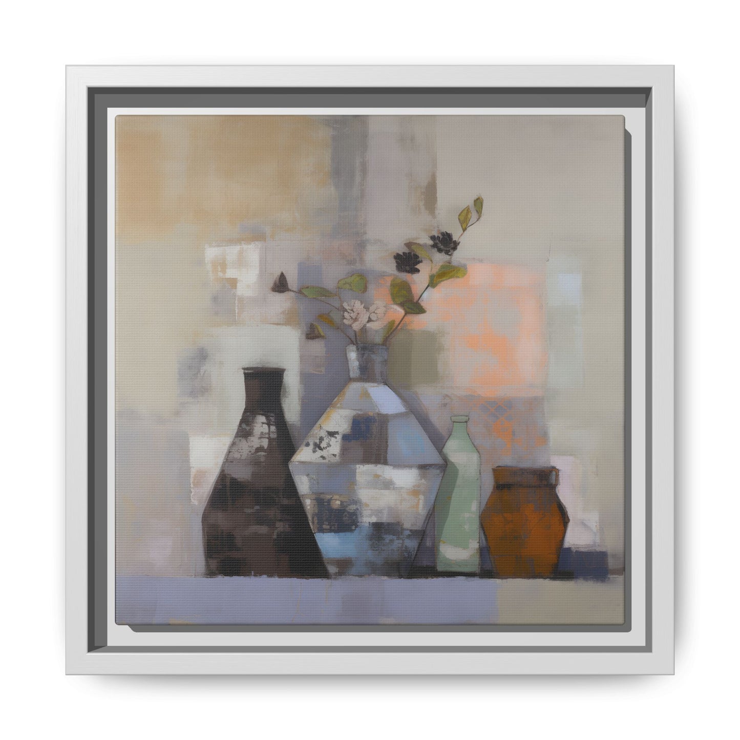 Earthy Bottle Still Life Wall Art – Framed Abstract Canvas with Geometric Vases in Neutral Tones