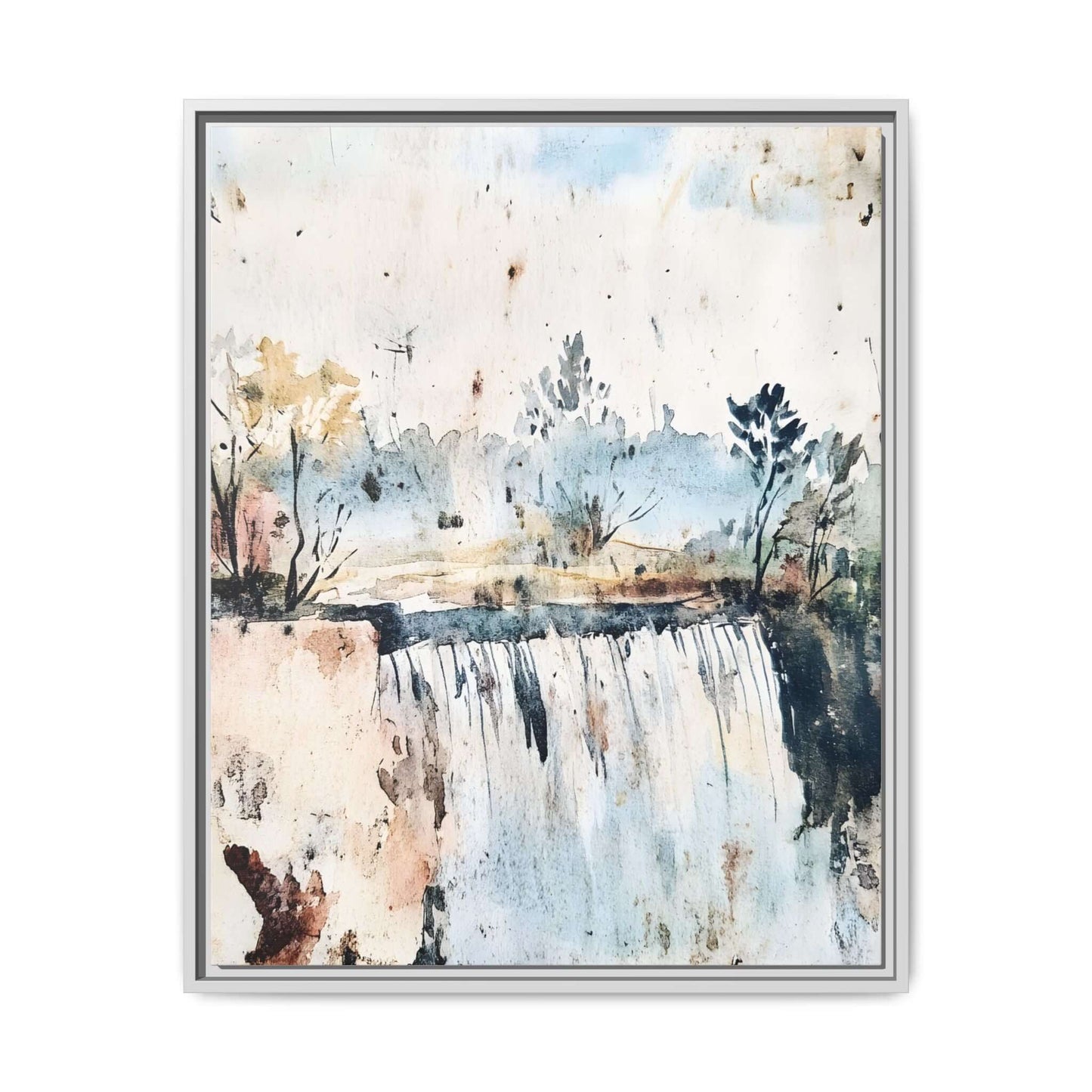 Framed watercolor wall art depicting a serene landscape with a waterfall, trees, and sky, perfect for home decor.