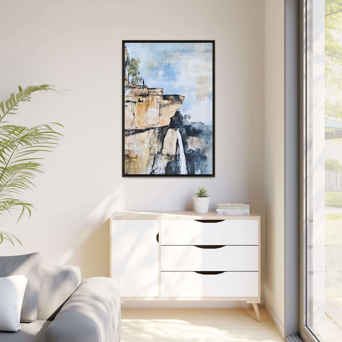 Impressionistic scenic landscape waterfall canvas art framed on wall, enhancing a serene room with calming presence and inspiration.