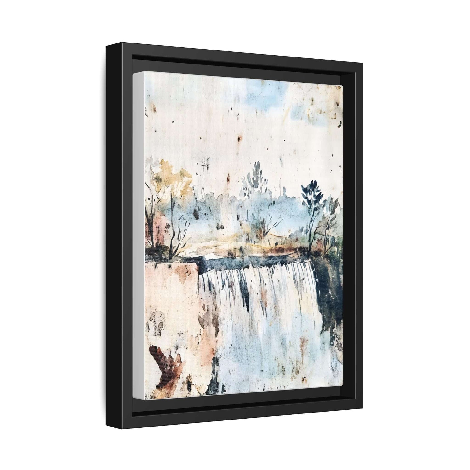 Framed watercolor wall art depicting a serene landscape with trees and a waterfall, perfect for home or office decor. Available in various sizes.