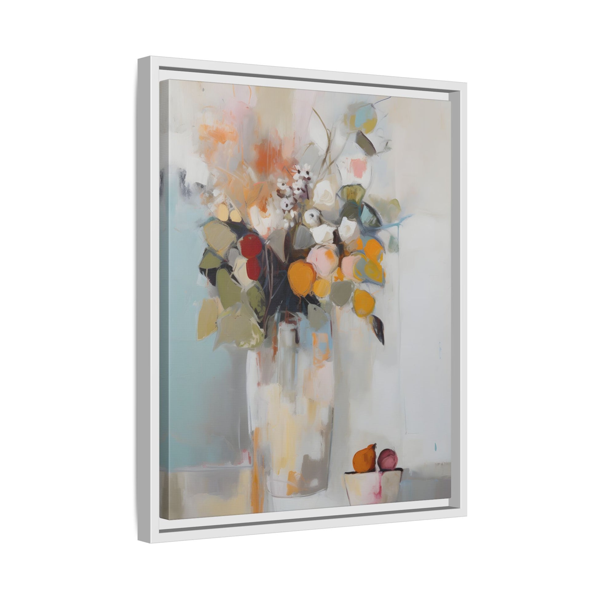 Colorful Floral Still Life Wall Art – Framed Abstract Canvas with Bright Blooms and Fruit Bowl, showcasing vibrant flowers and fruit.
