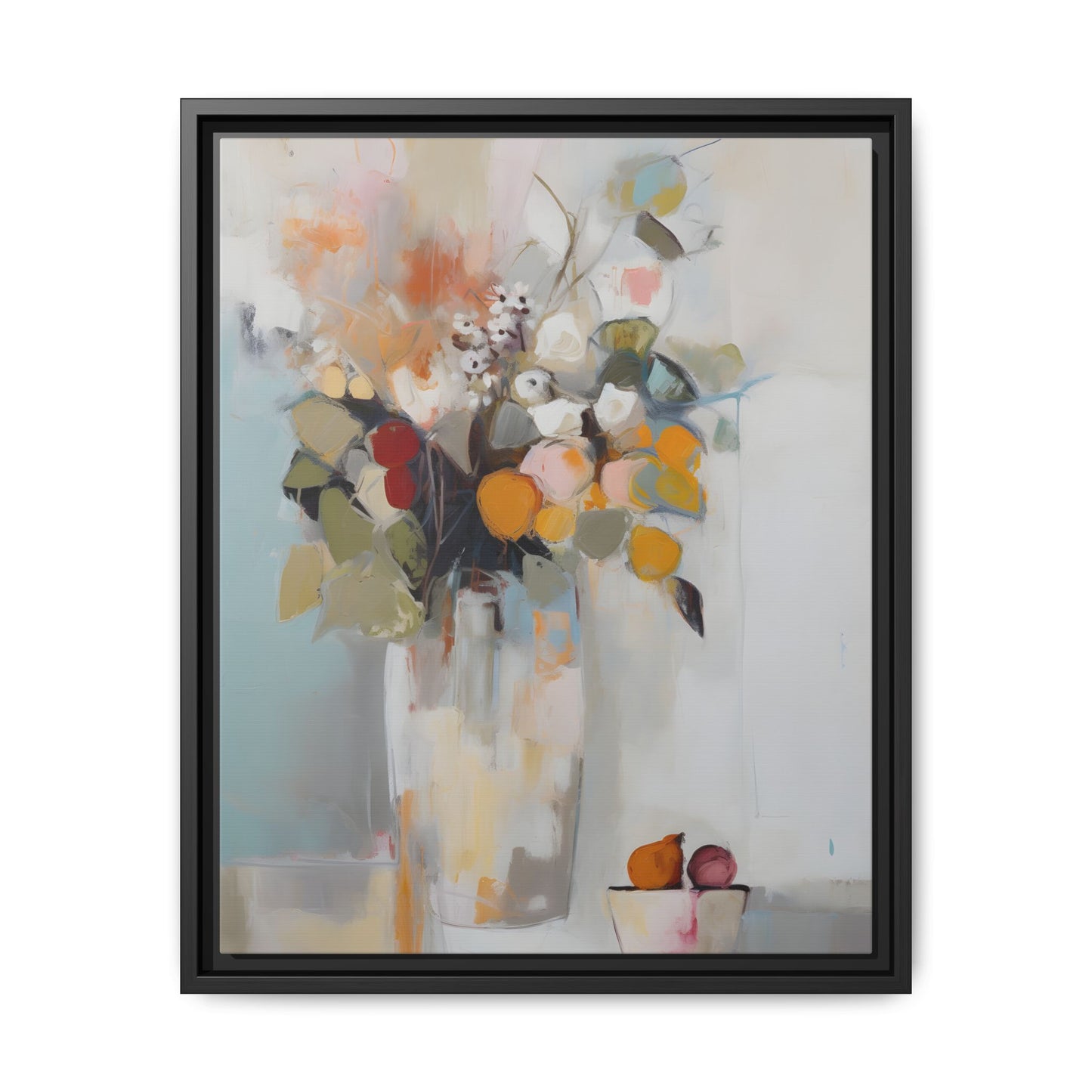 Colorful Floral Still Life Wall Art – Framed Abstract Canvas with Bright Blooms and Fruit Bowl showcasing vibrant flowers in a vase.